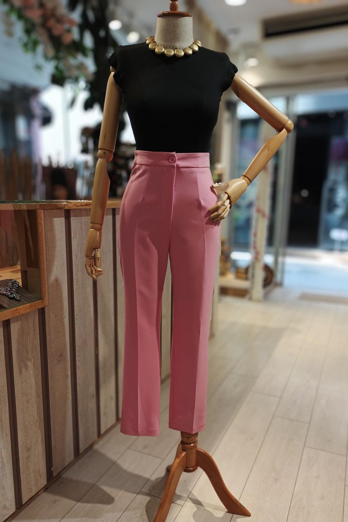 Eswomes Önü Ütü İzli Yüksek Bel Havuç Pantolon Pembe