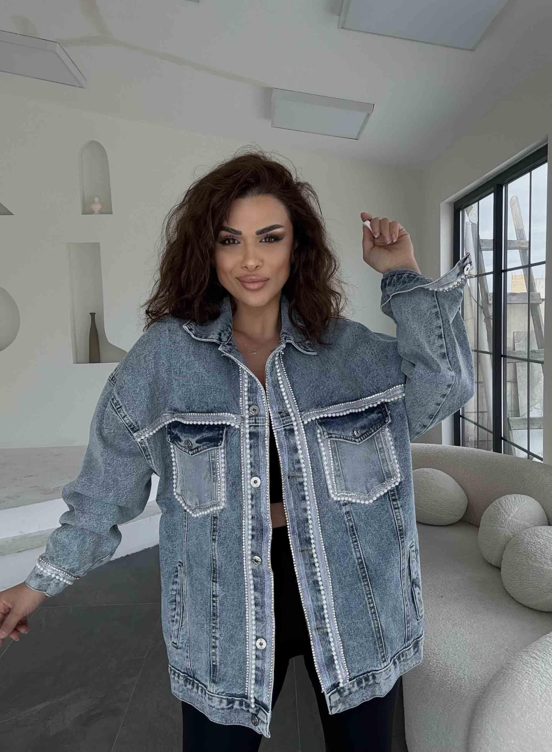 Eswomes Önü Ve Kolları İnvi Ve Taş Şeritli Denim Ceket Buz Mavi