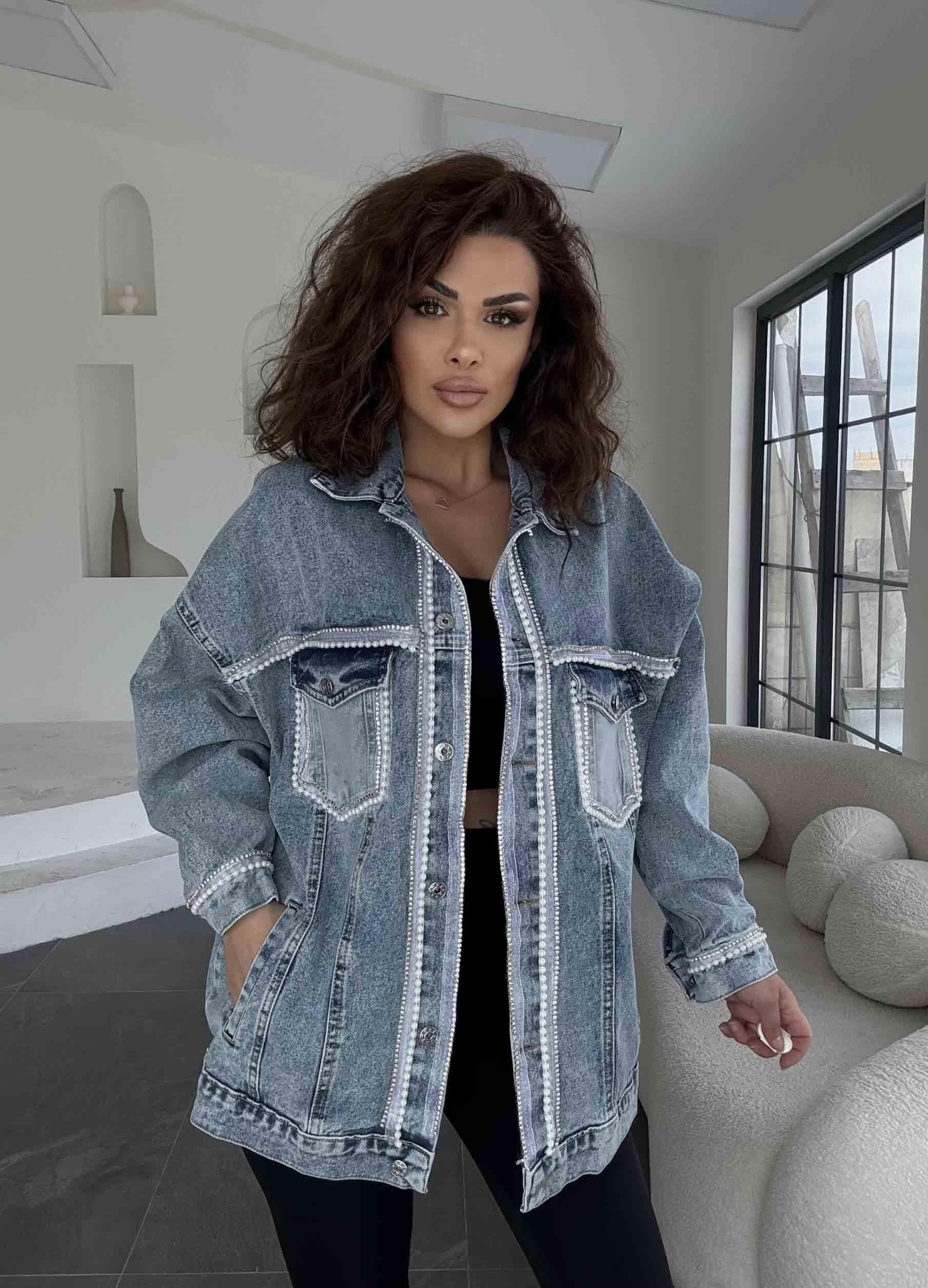 Eswomes Önü Ve Kolları İnvi Ve Taş Şeritli Denim Ceket Buz Mavi