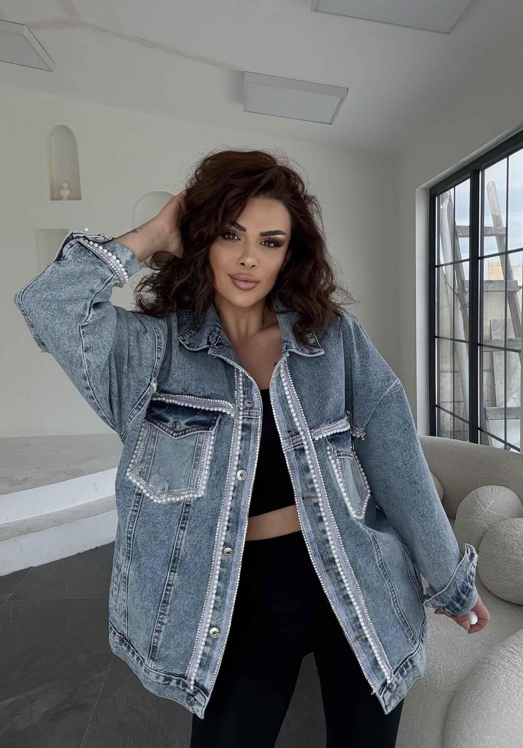 Eswomes Önü Ve Kolları İnvi Ve Taş Şeritli Denim Ceket Buz Mavi