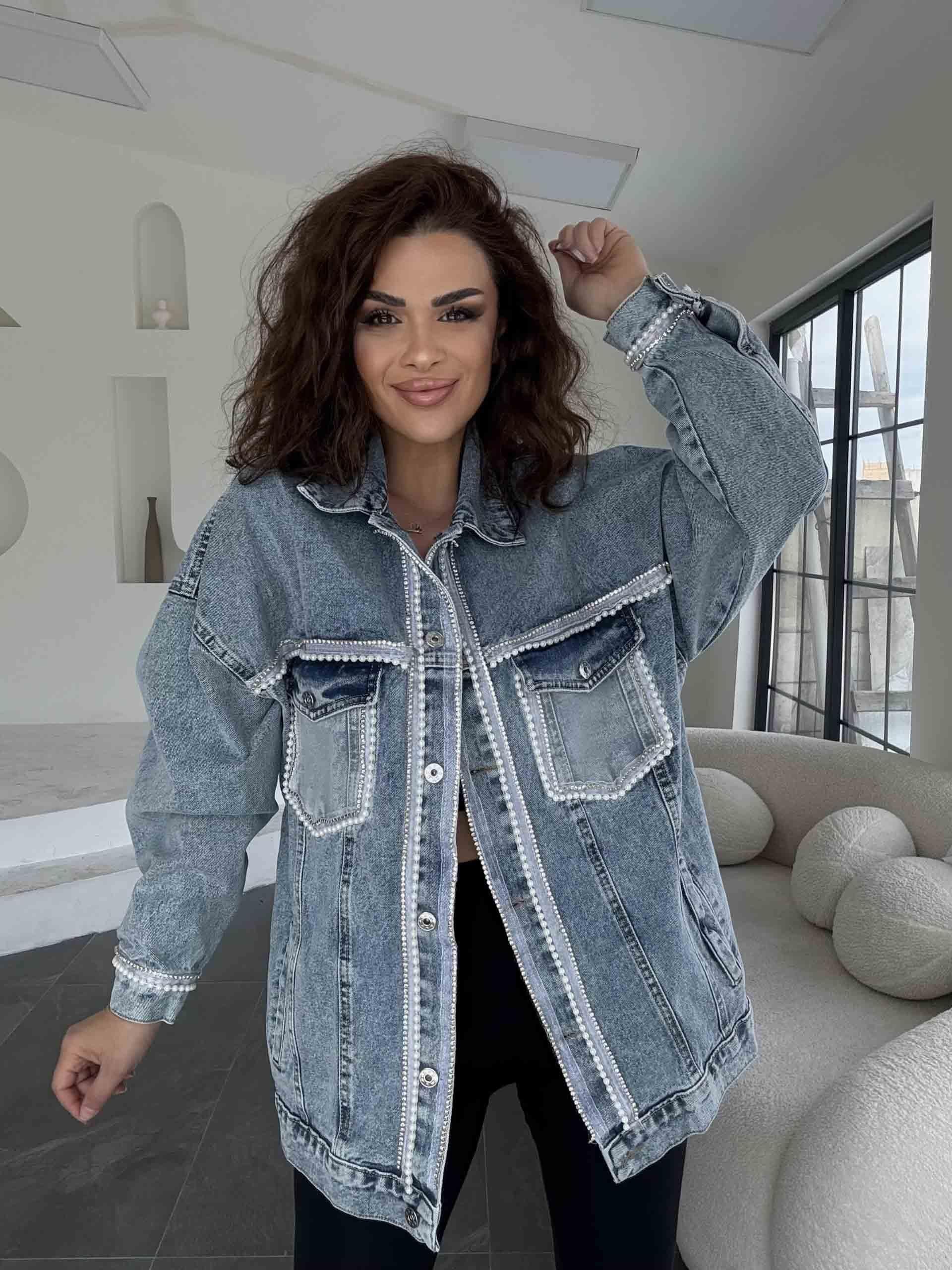 Eswomes Önü Ve Kolları İnvi Ve Taş Şeritli Denim Ceket Buz Mavi