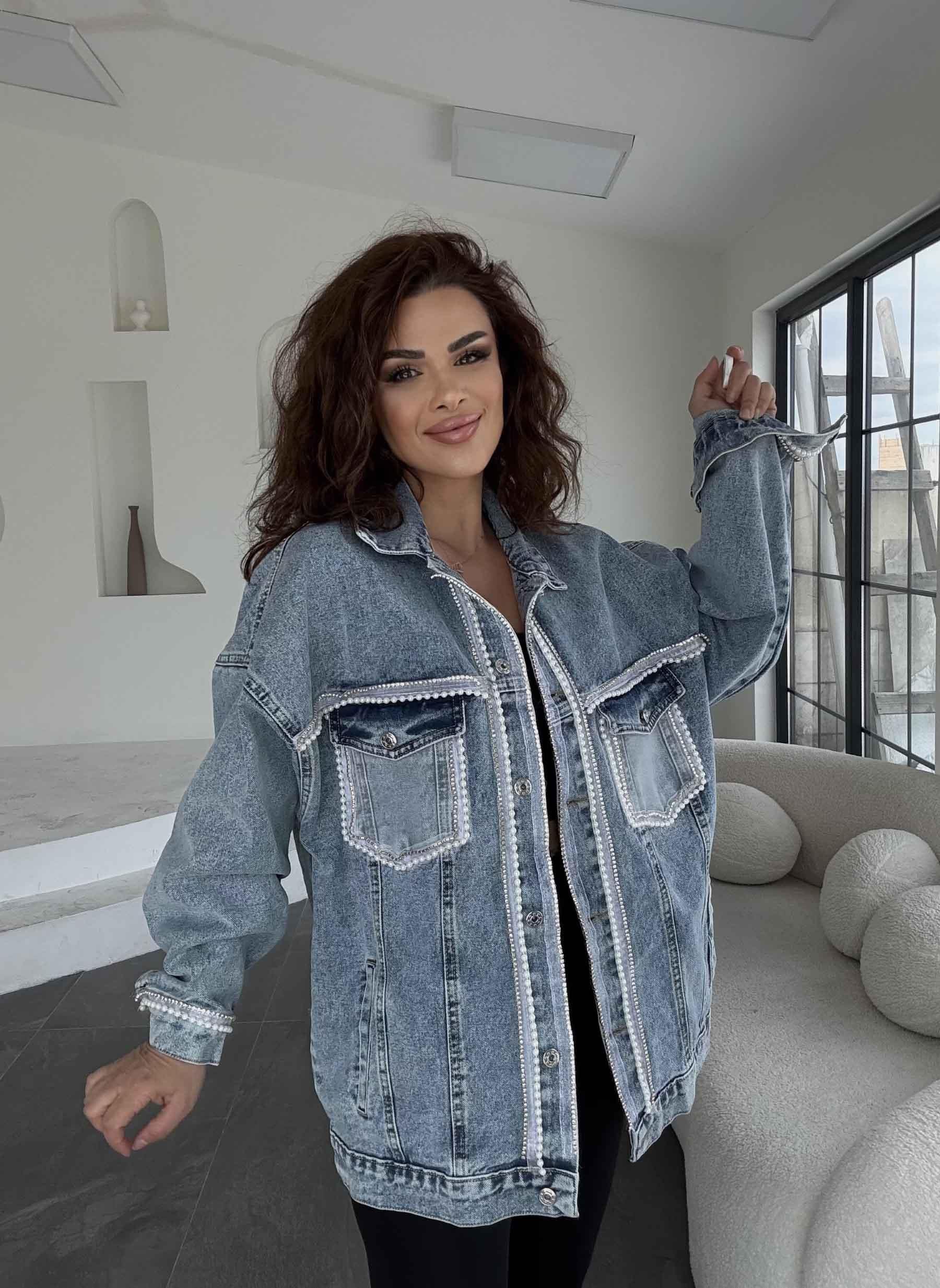 Eswomes Önü Ve Kolları İnvi Ve Taş Şeritli Denim Ceket Buz Mavi