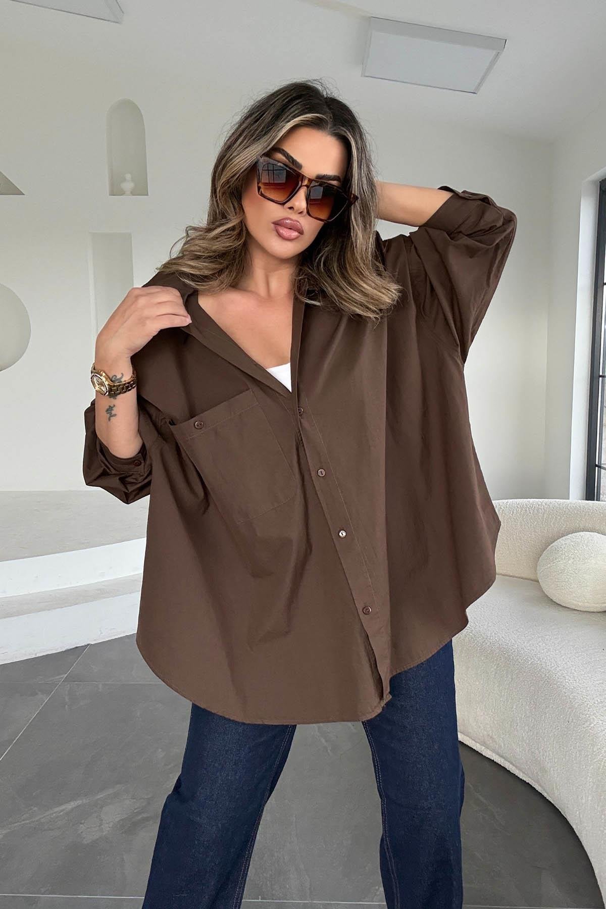 Eswomes Oval Kesim Poplin Gömlek Acı Kahve