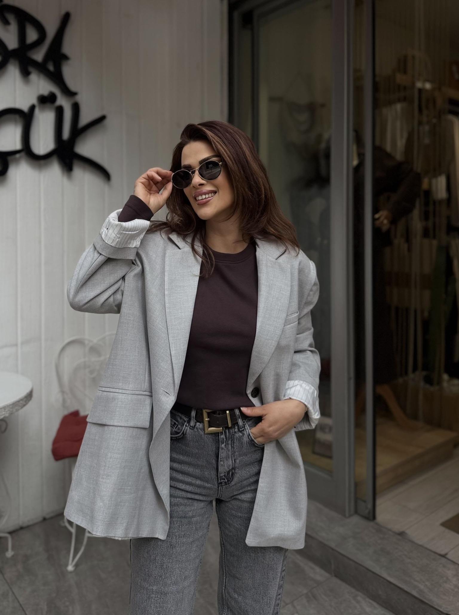 Eswomes Oversize Astarı Renkli Blazer Ceket Gri