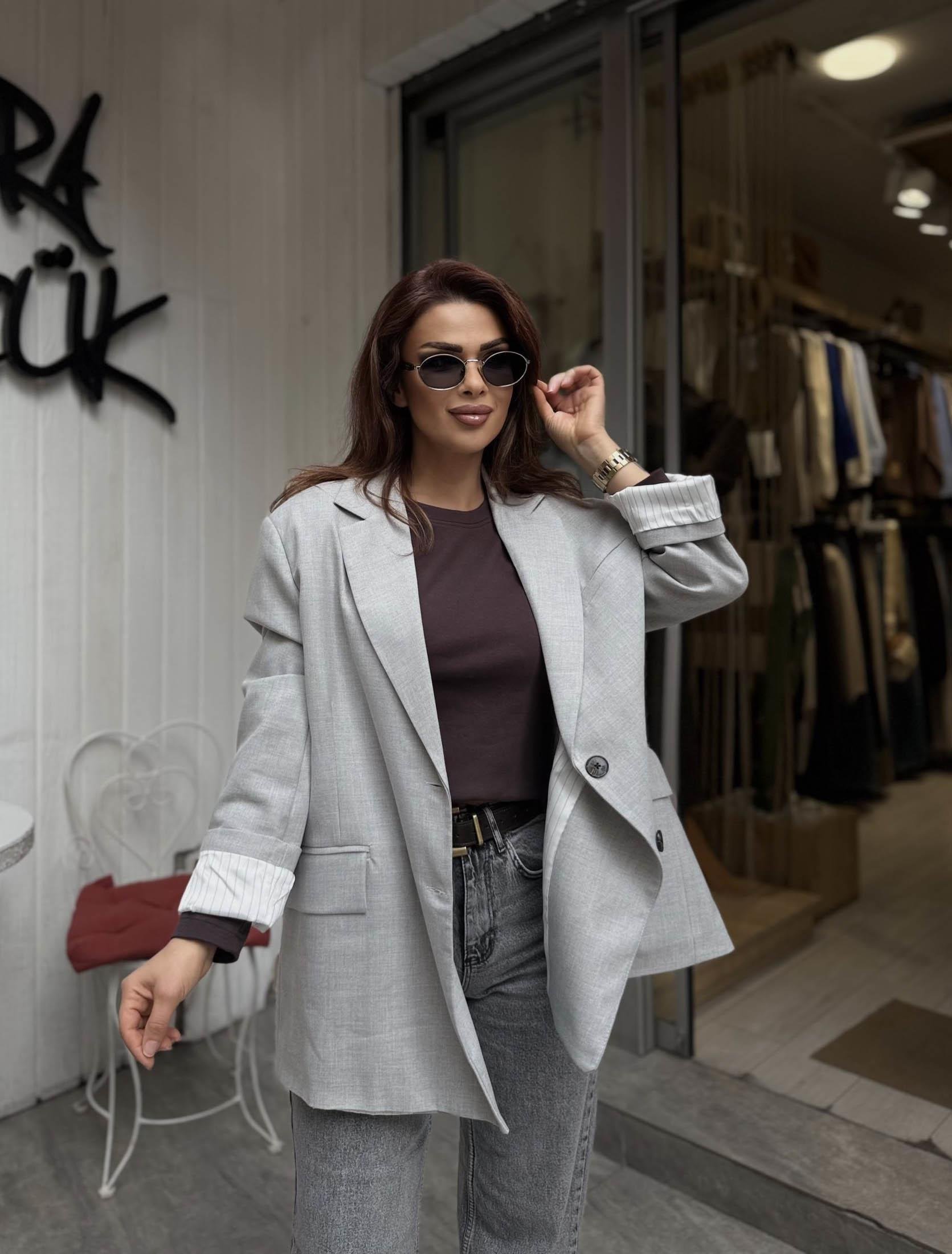 Eswomes Oversize Astarı Renkli Blazer Ceket Gri