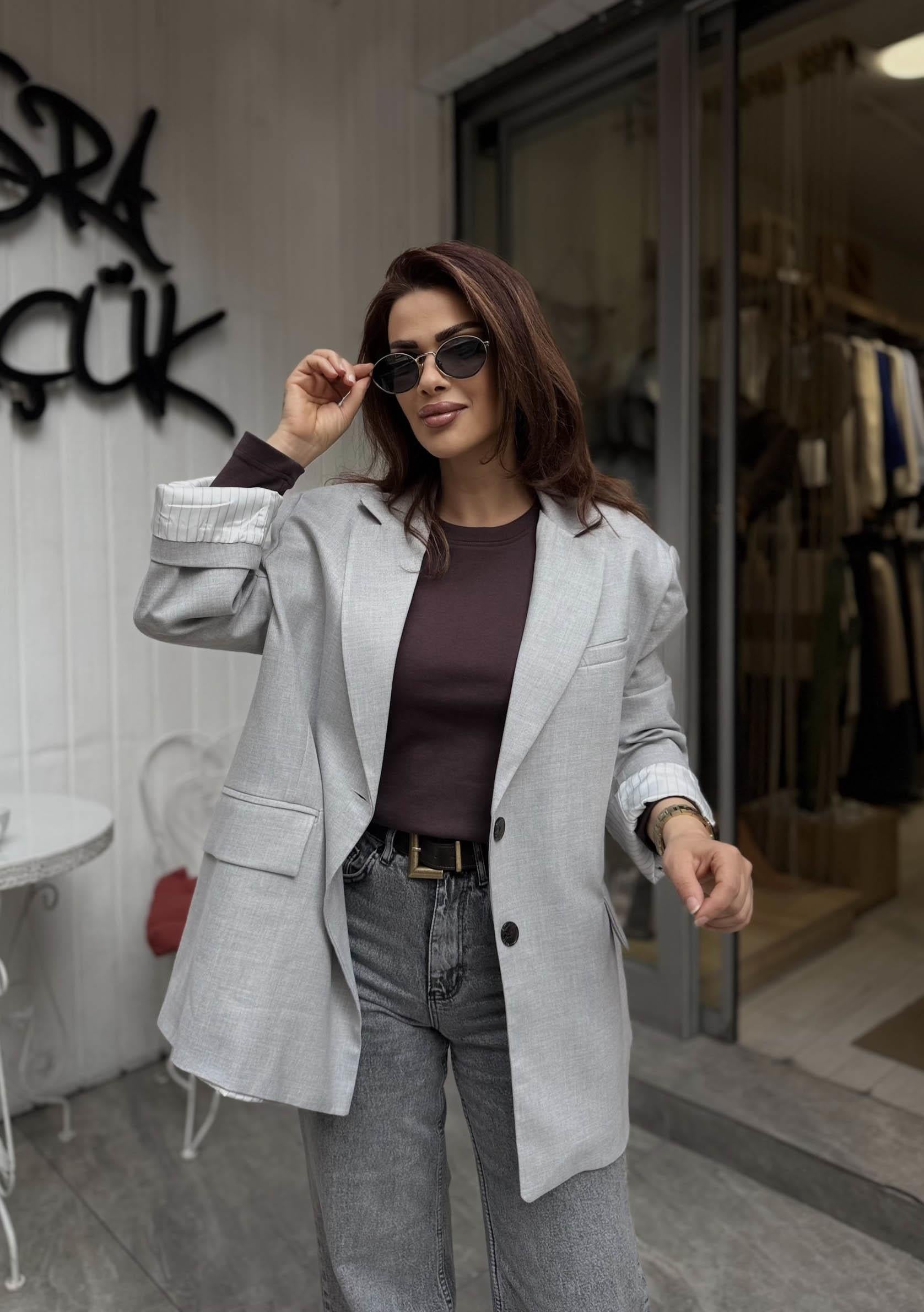 Eswomes Oversize Astarı Renkli Blazer Ceket Gri