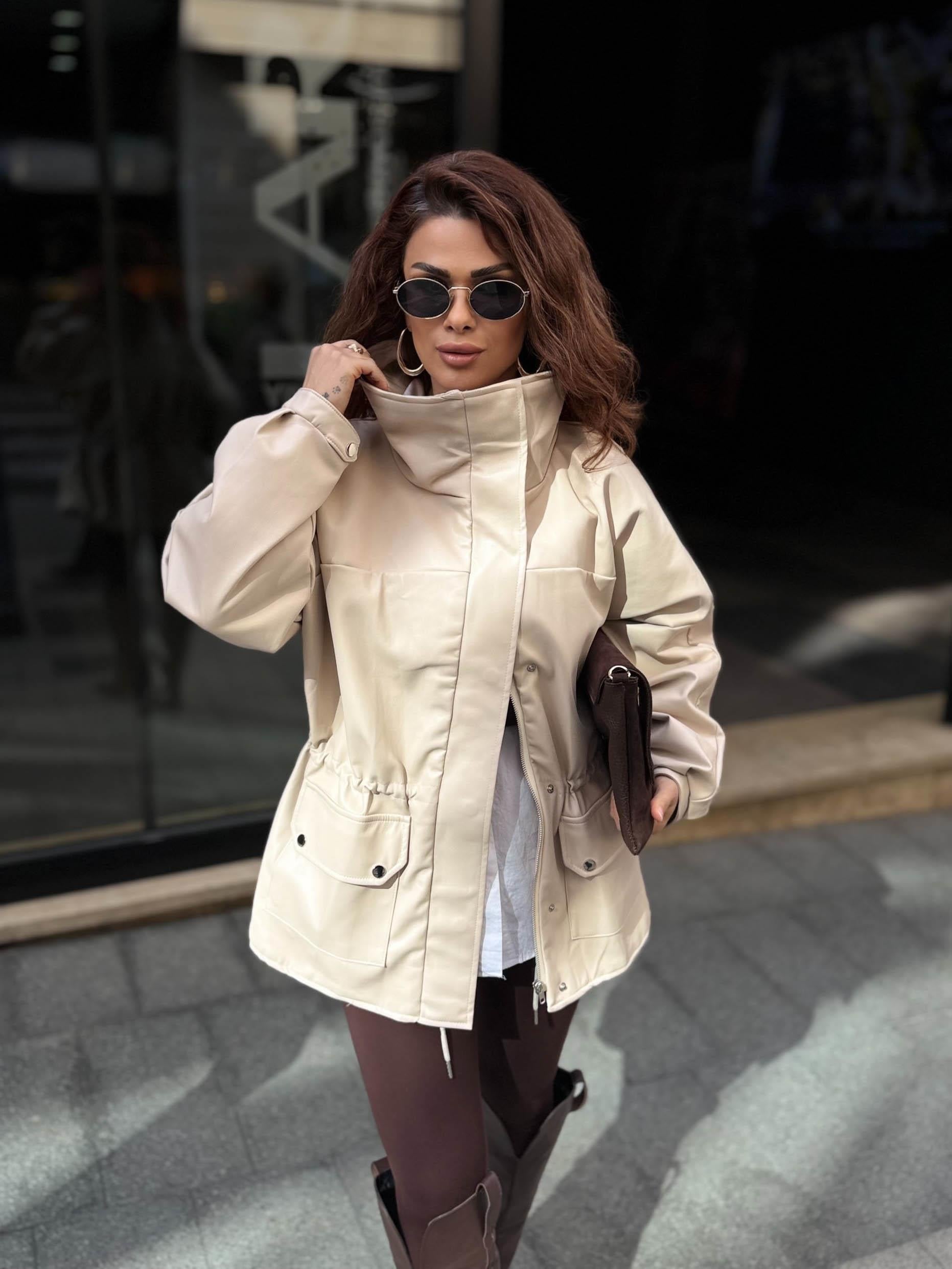 Eswomes Oversize Dik Yaka Oversize Deri Ceket Bej