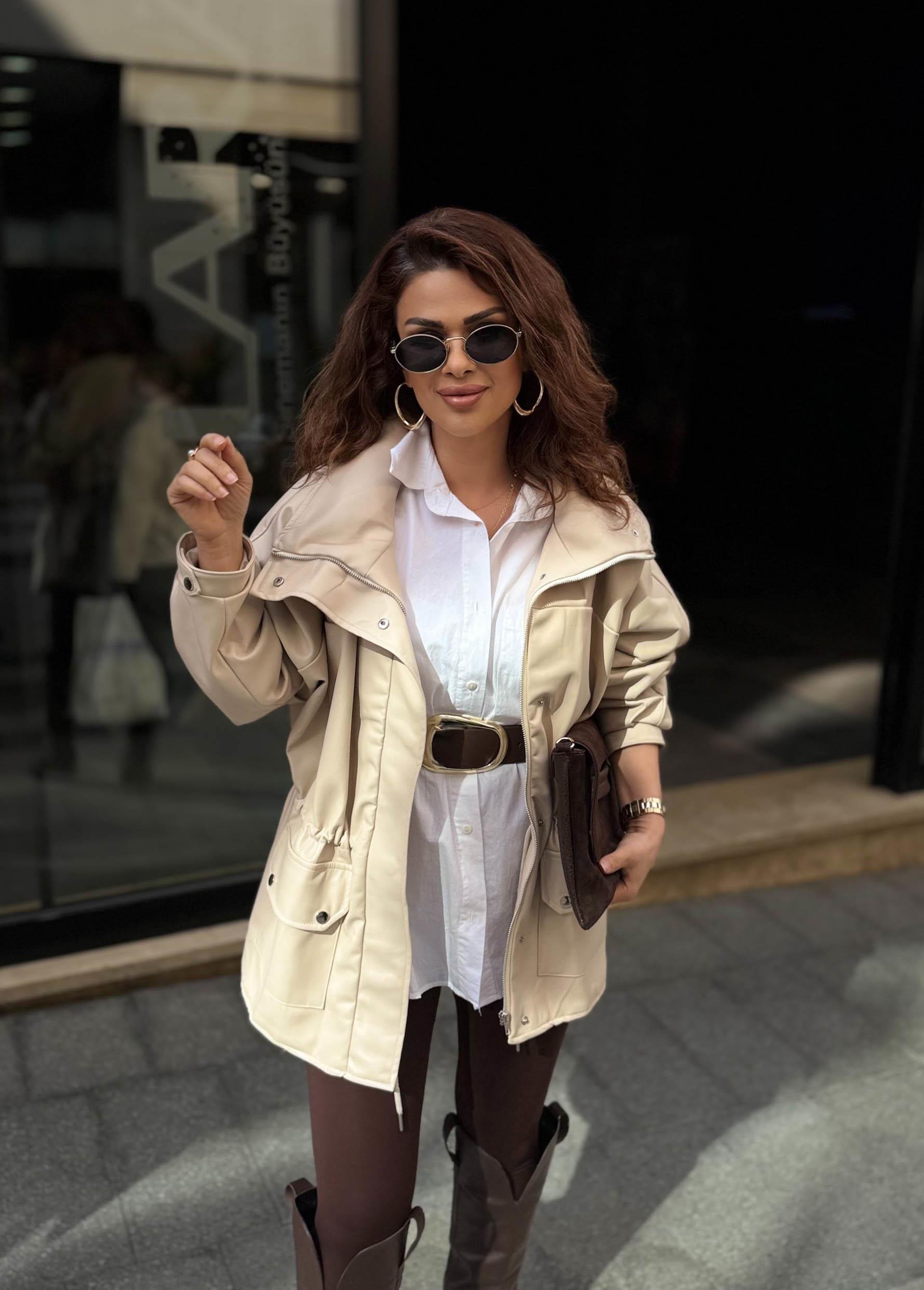 Eswomes Oversize Dik Yaka Oversize Deri Ceket Bej