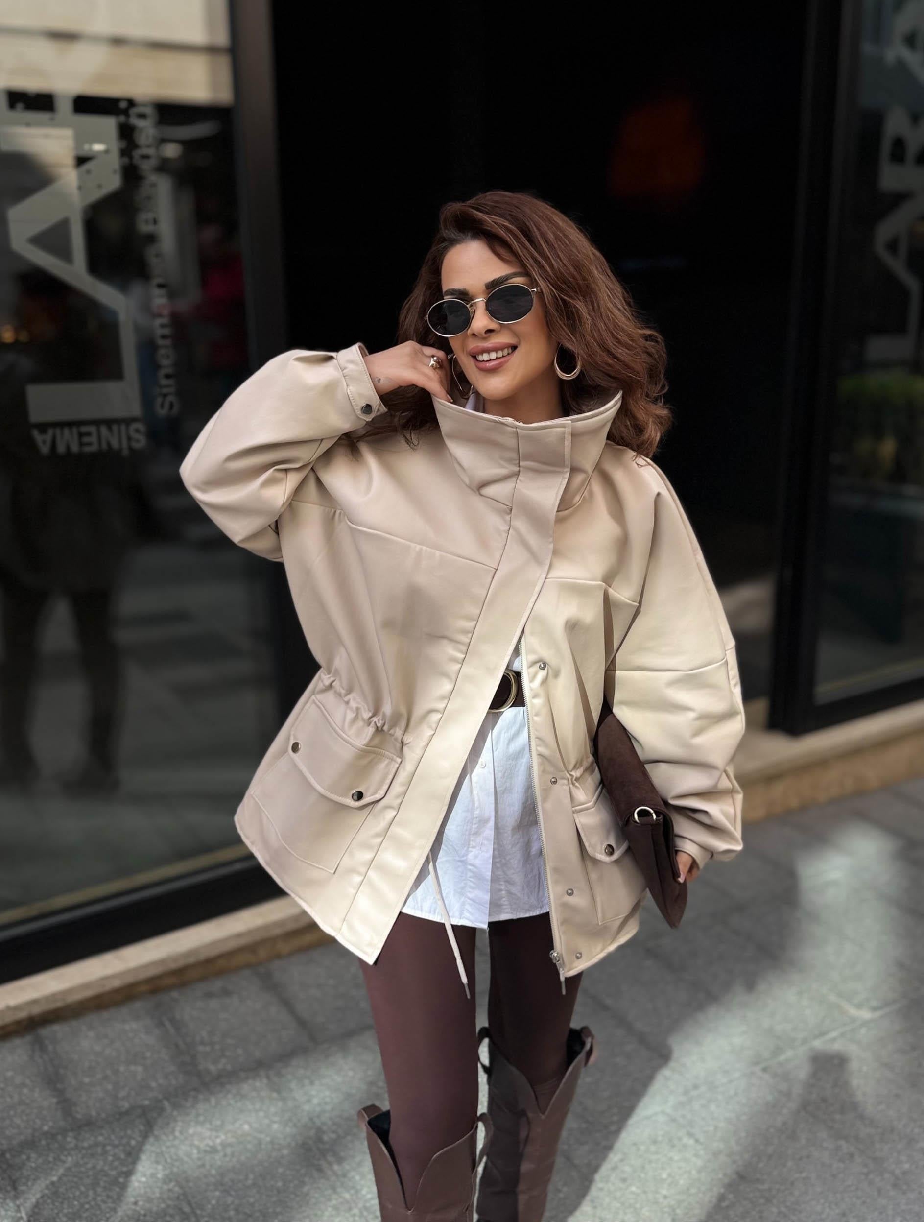 Eswomes Oversize Dik Yaka Oversize Deri Ceket Bej