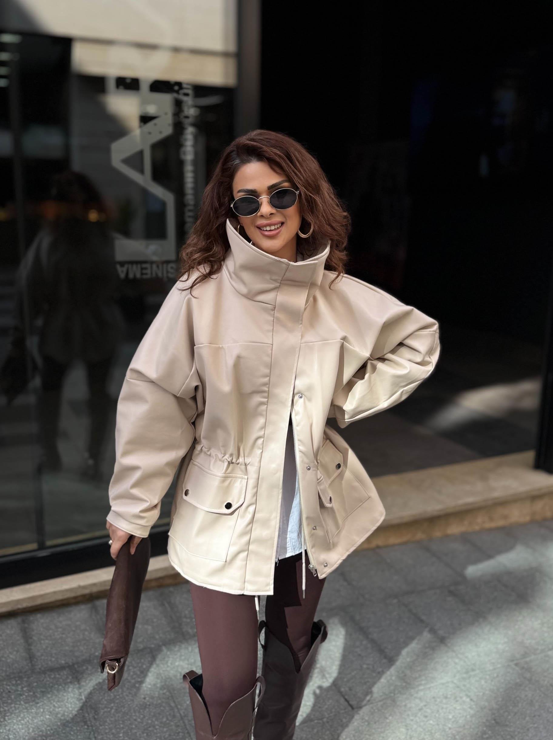 Eswomes Oversize Dik Yaka Oversize Deri Ceket Bej