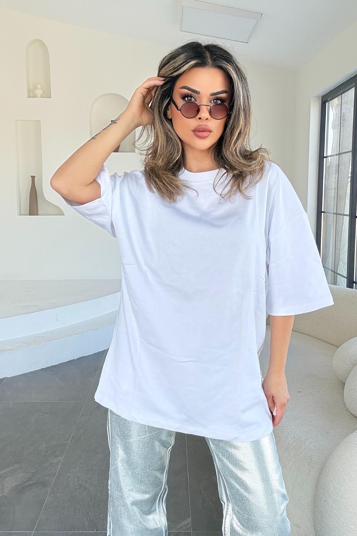 Eswomes Oversize Uzun Tişört Beyaz
