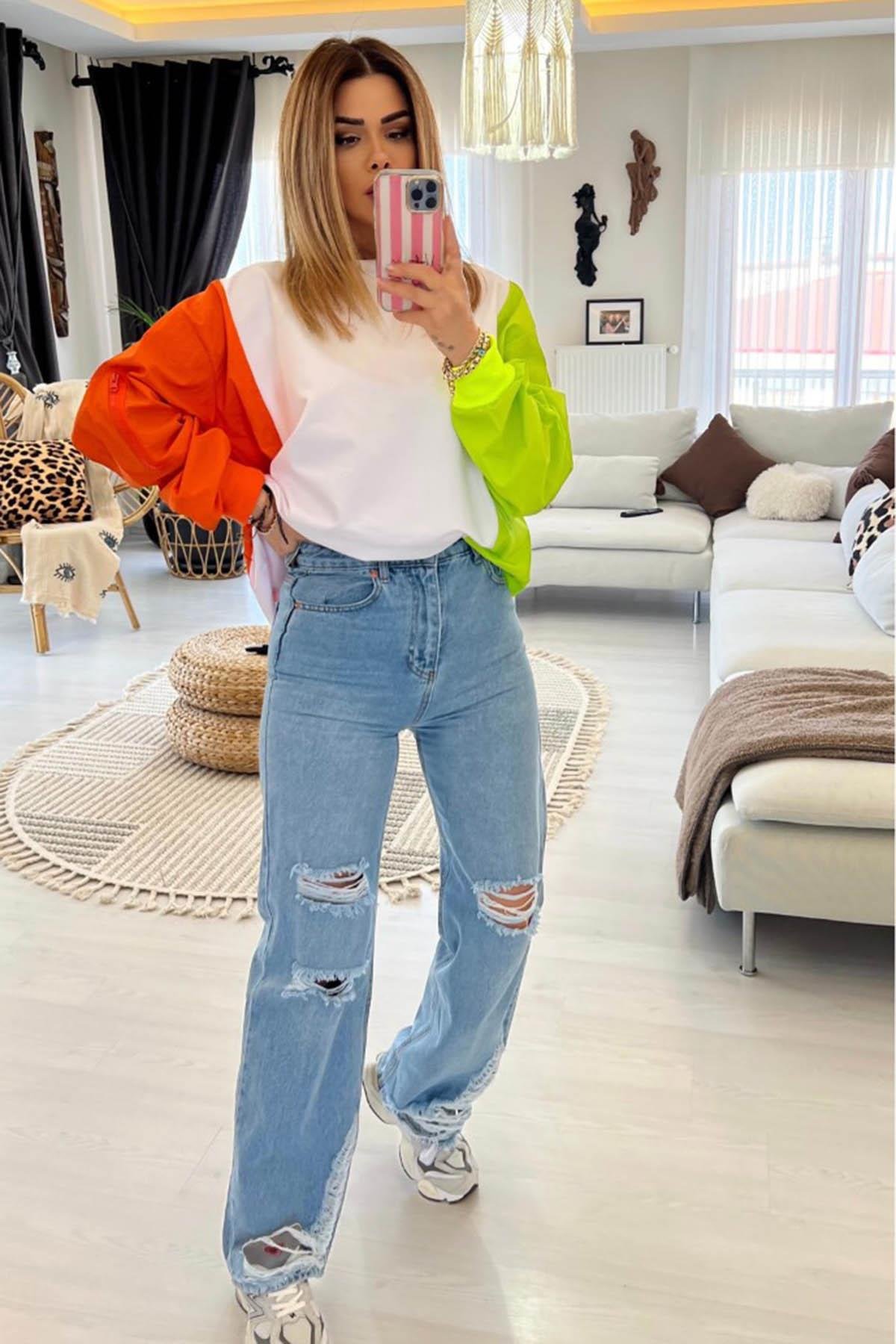 Eswomes Paça Ve Diz Yırtık Detay Wide Leg Jean Buz Mavi