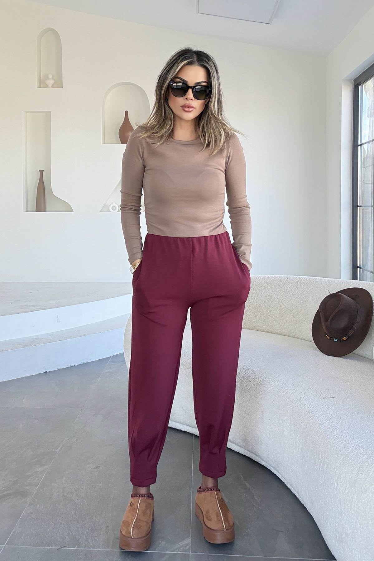 Eswomes Paçası Dikişli Modal Pantolon Bordo
