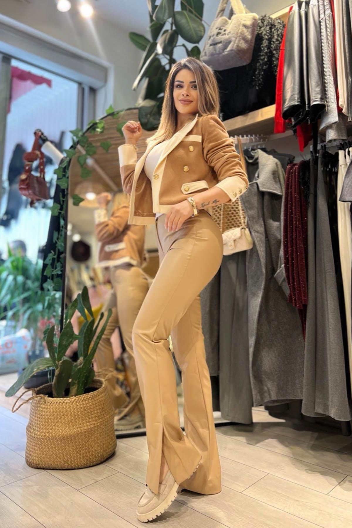 Eswomes Paçası Yan Yırtmaçlı Deri Pantolon Camel