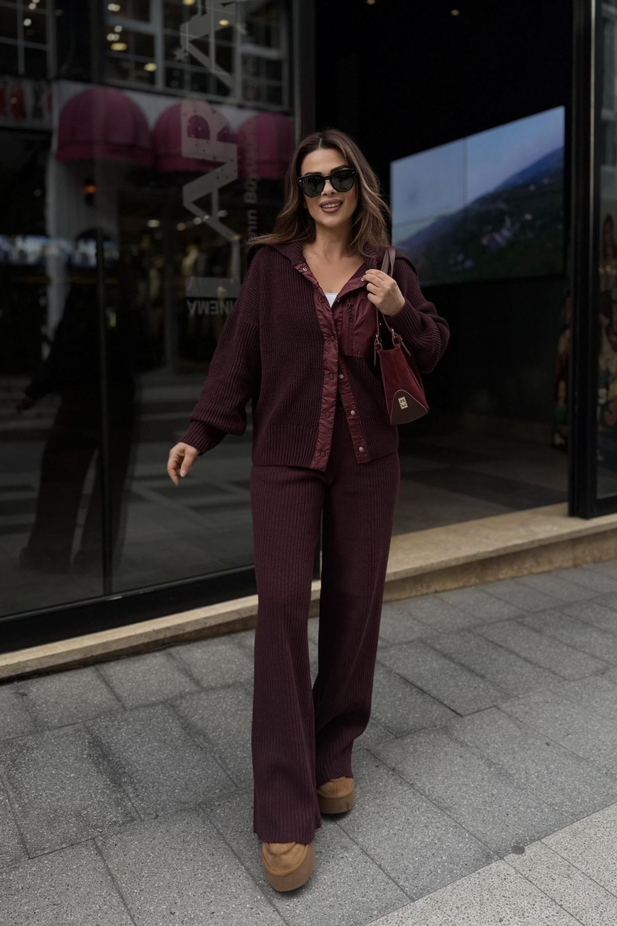 Eswomes Paraşüt Garnili Triko Takım Bordo