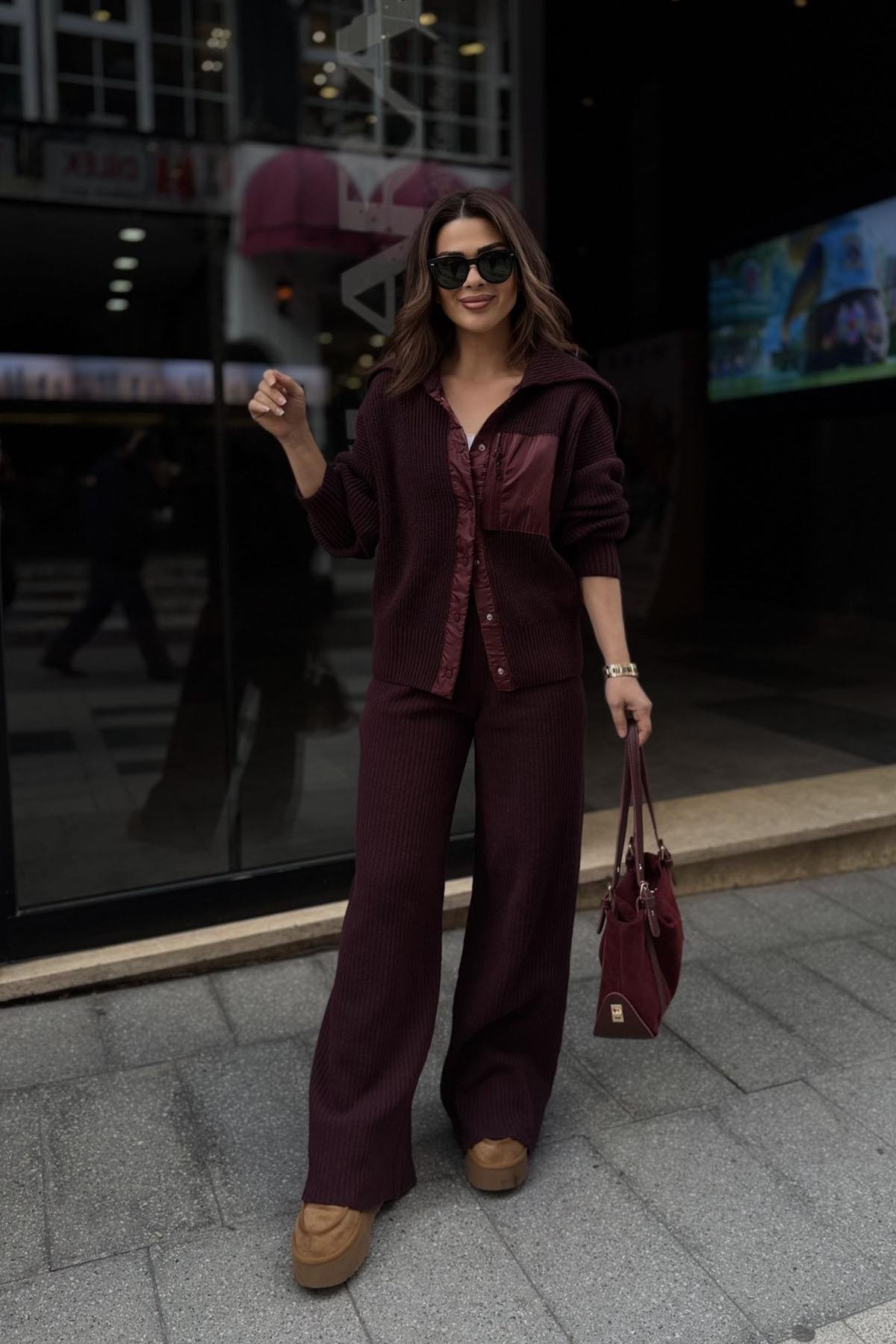 Eswomes Paraşüt Garnili Triko Takım Bordo