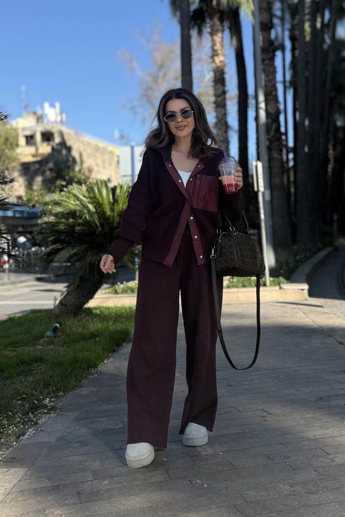 Eswomes Paraşüt Garnili Triko Takım Bordo