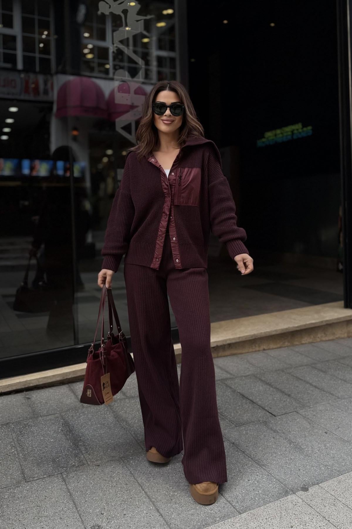 Eswomes Paraşüt Garnili Triko Takım Bordo