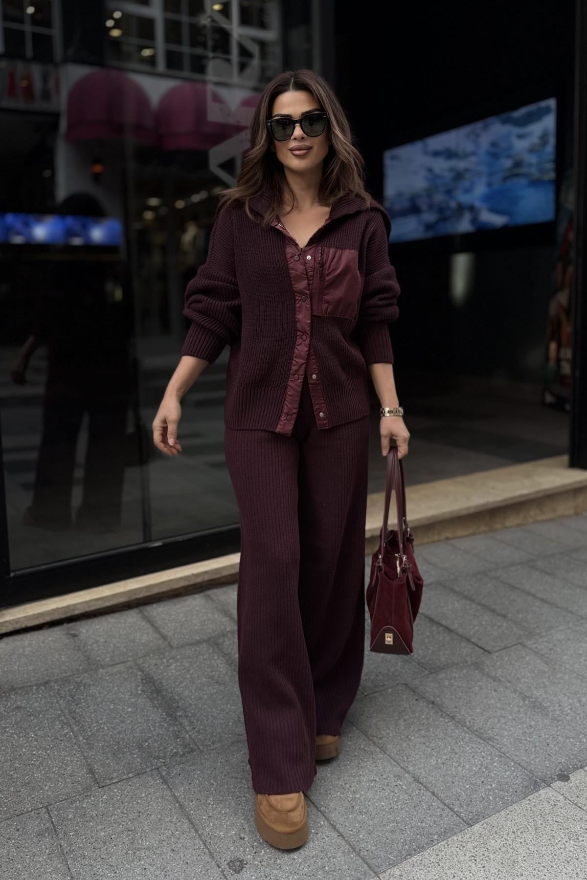 Eswomes Paraşüt Garnili Triko Takım Bordo