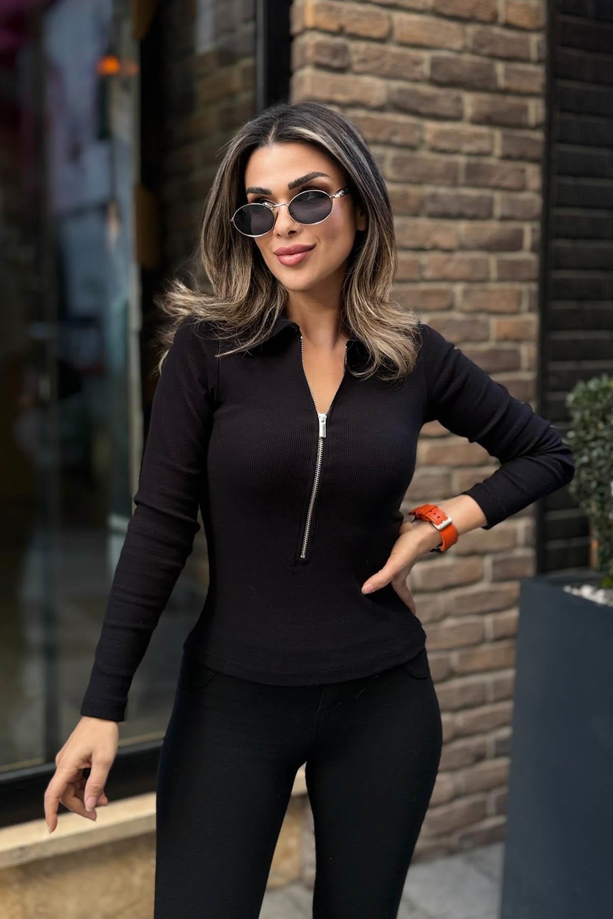 Eswomes Polo Yaka Fermuarlı Bady Siyah
