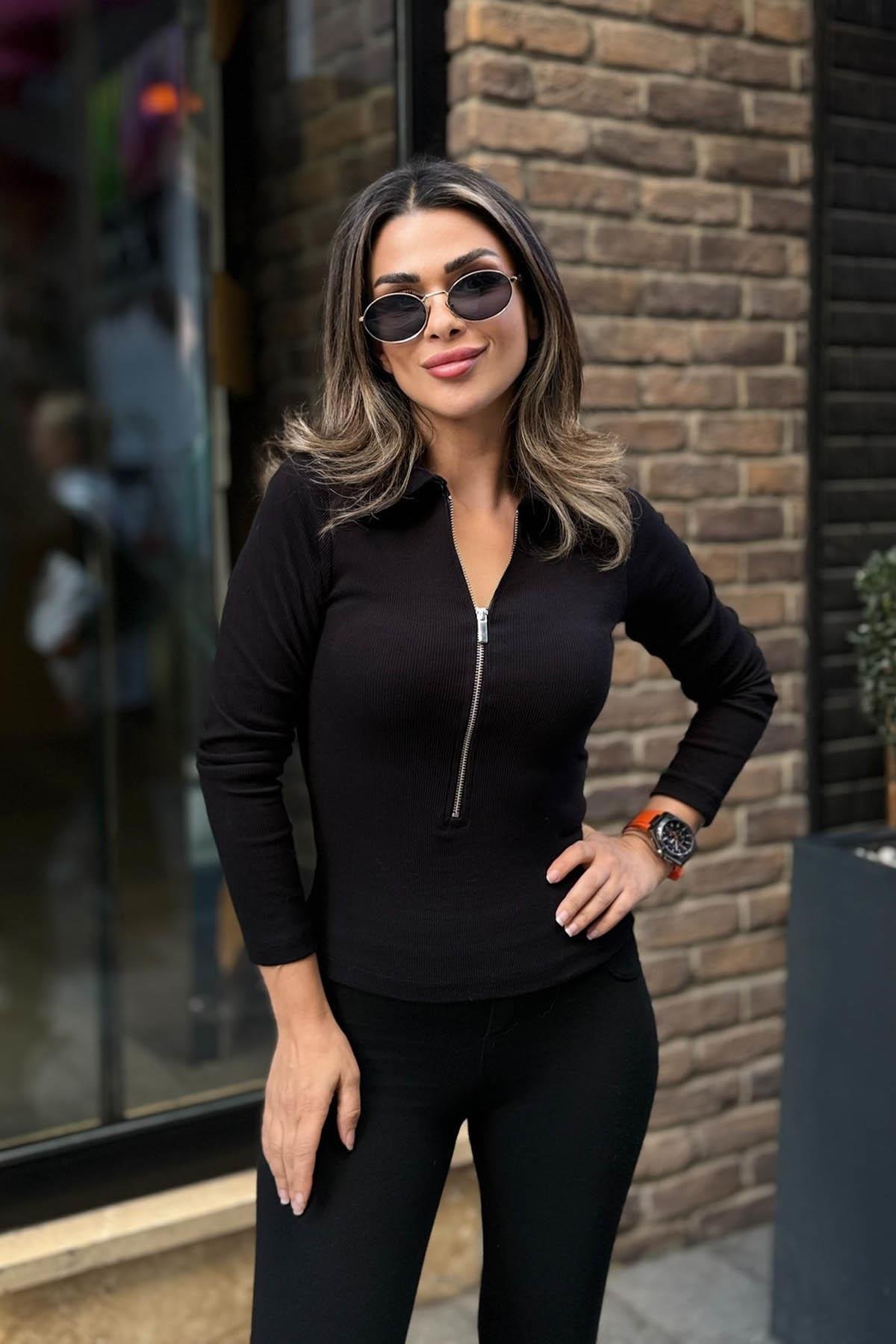 Eswomes Polo Yaka Fermuarlı Bady Siyah