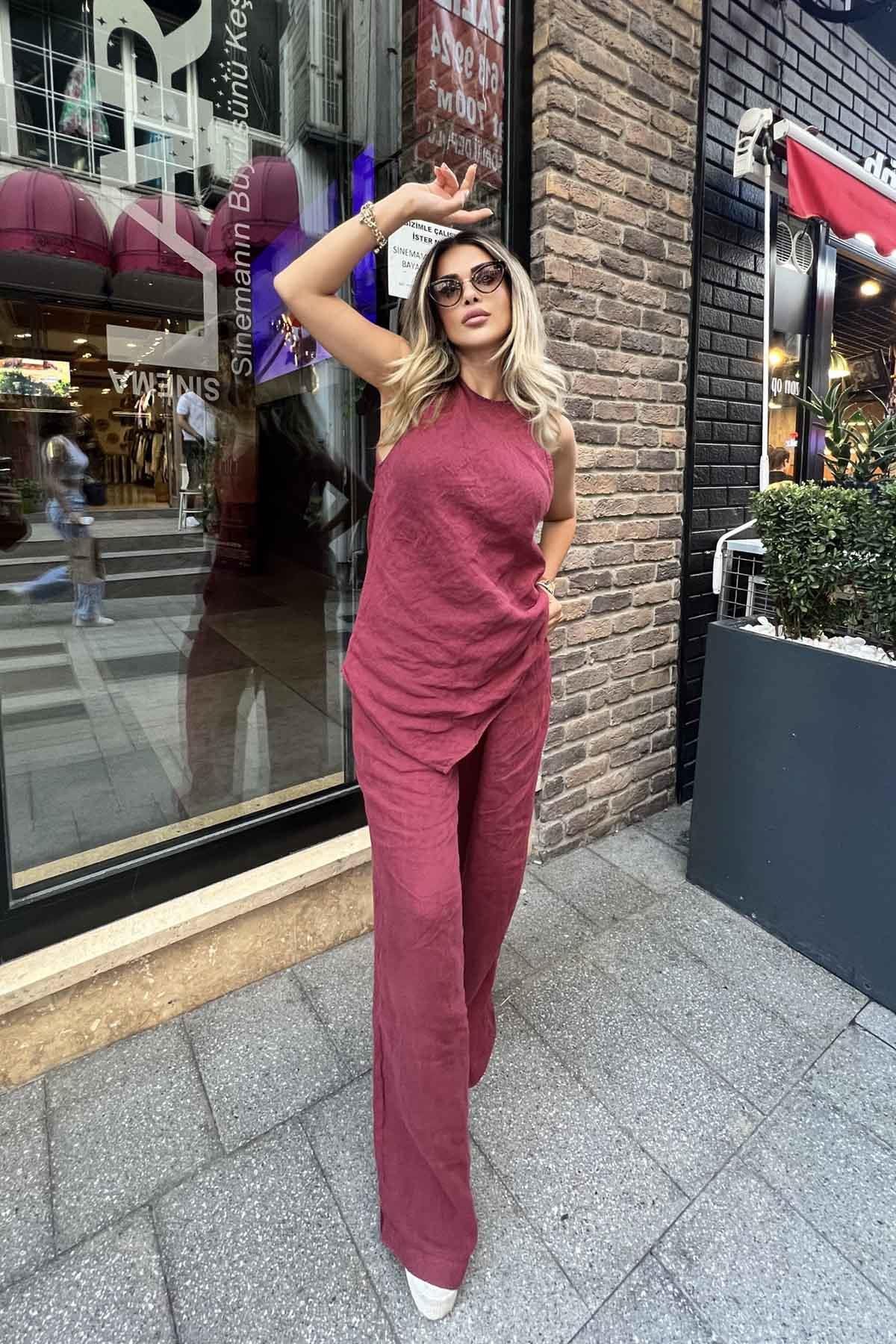 Eswomes Sıfır Kol Buluz & Salaş Pantolon Takım Bordo