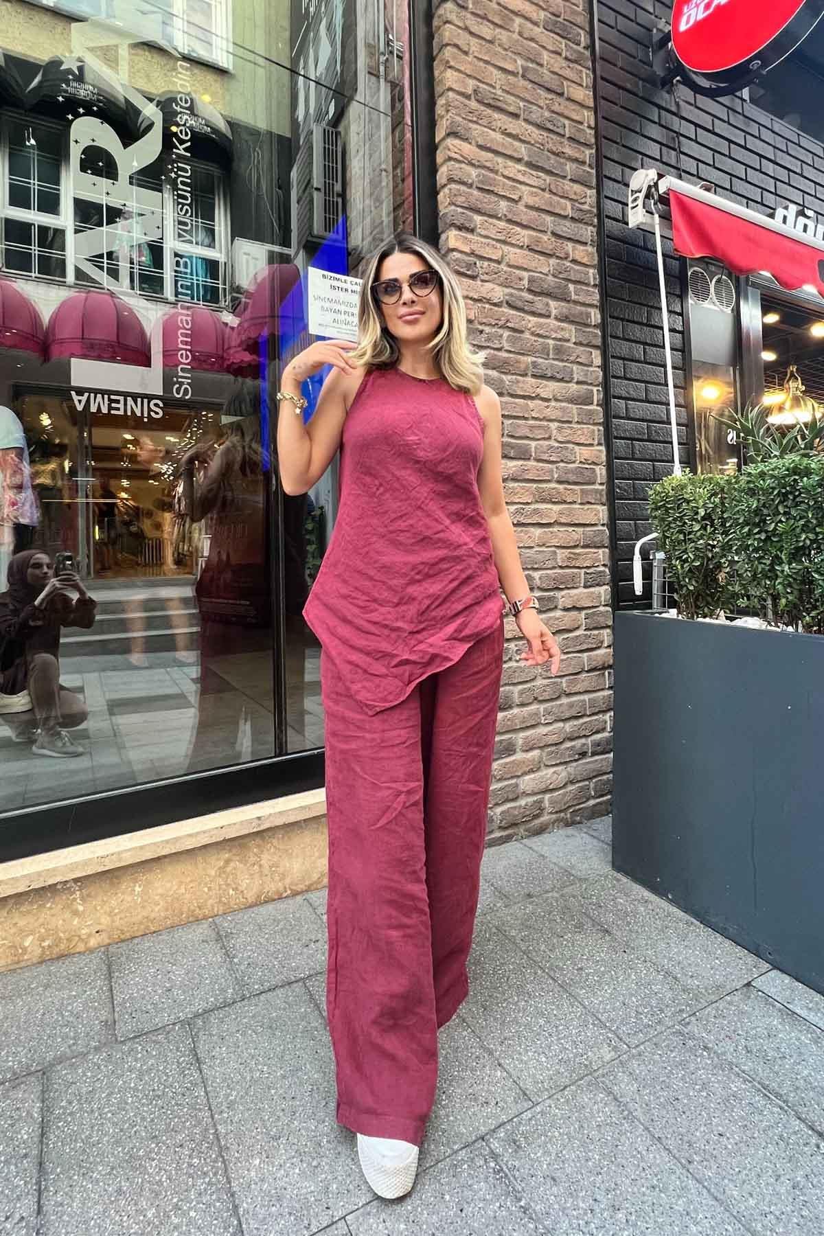 Eswomes Sıfır Kol Buluz & Salaş Pantolon Takım Bordo