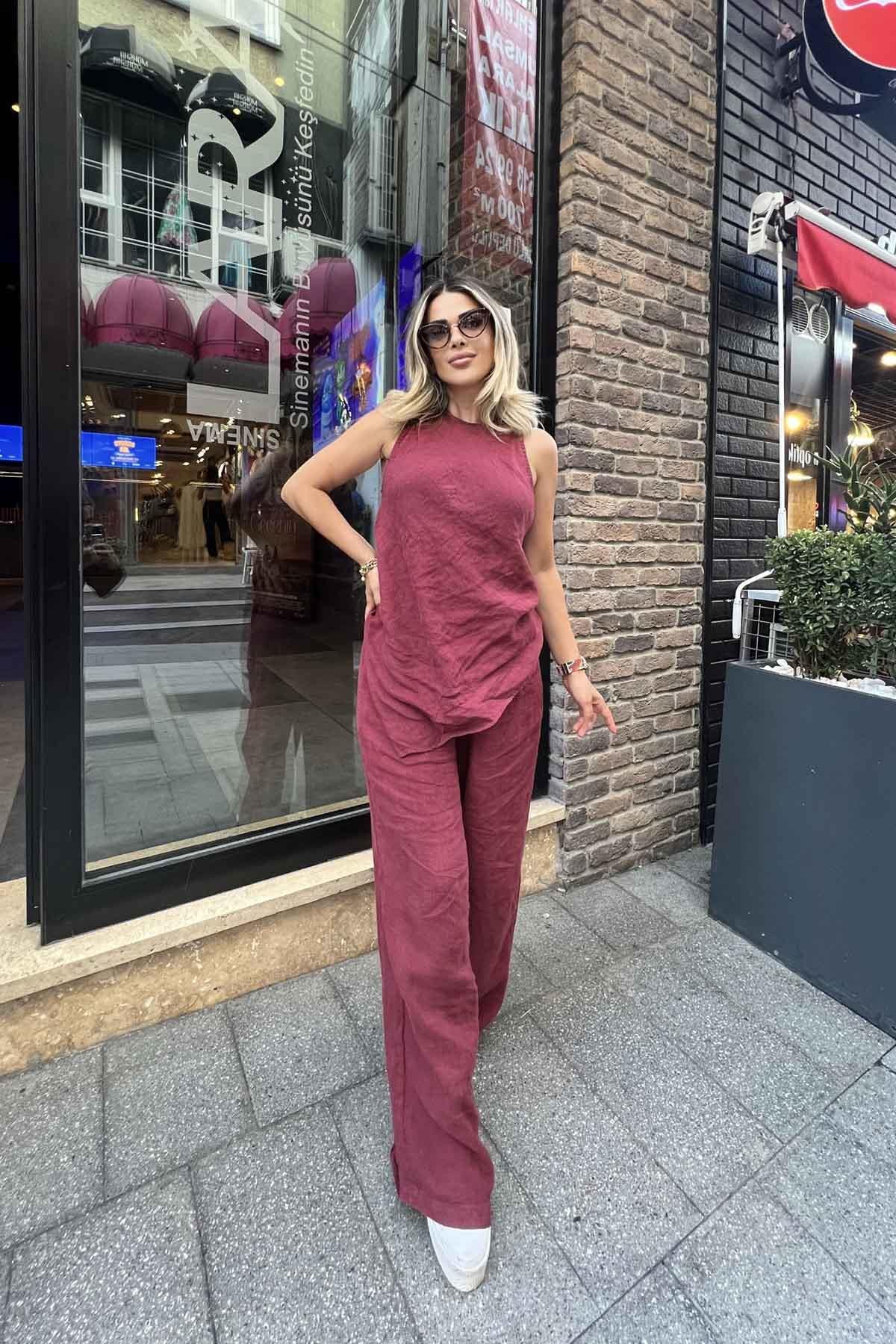 Eswomes Sıfır Kol Buluz & Salaş Pantolon Takım Bordo