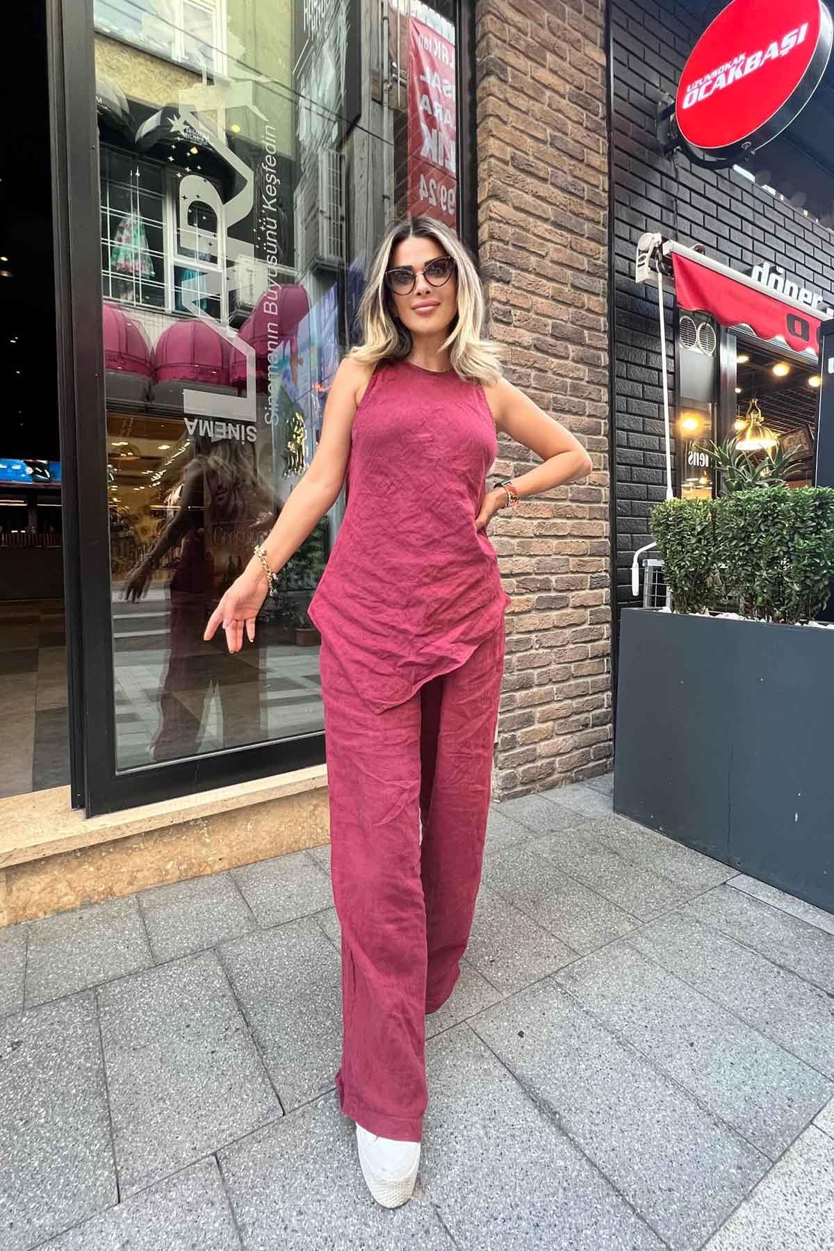 Eswomes Sıfır Kol Buluz & Salaş Pantolon Takım Bordo