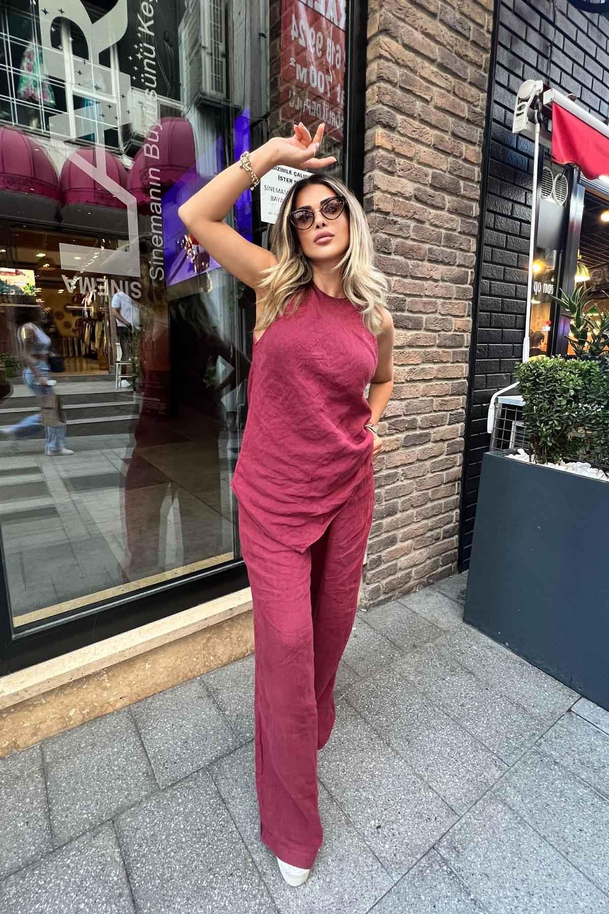 Eswomes Sıfır Kol Buluz & Salaş Pantolon Takım Bordo