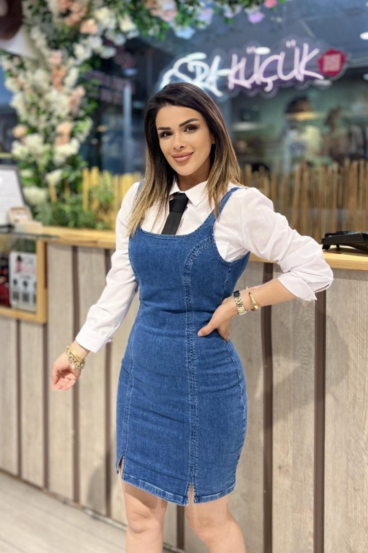 Eswomes Sırt Dekolteli Mini Kot Elbise Mavi