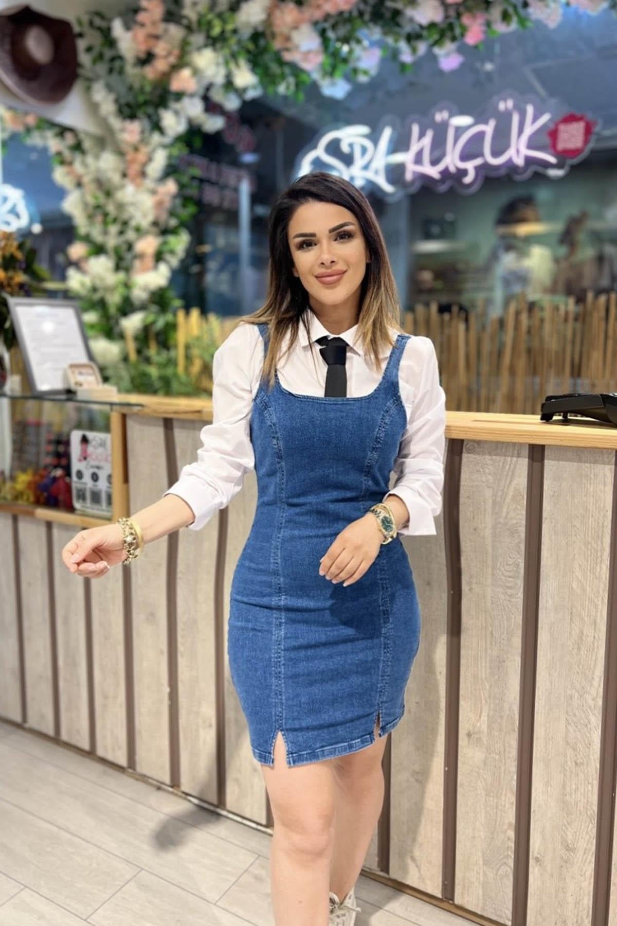 Eswomes Sırt Dekolteli Mini Kot Elbise Mavi