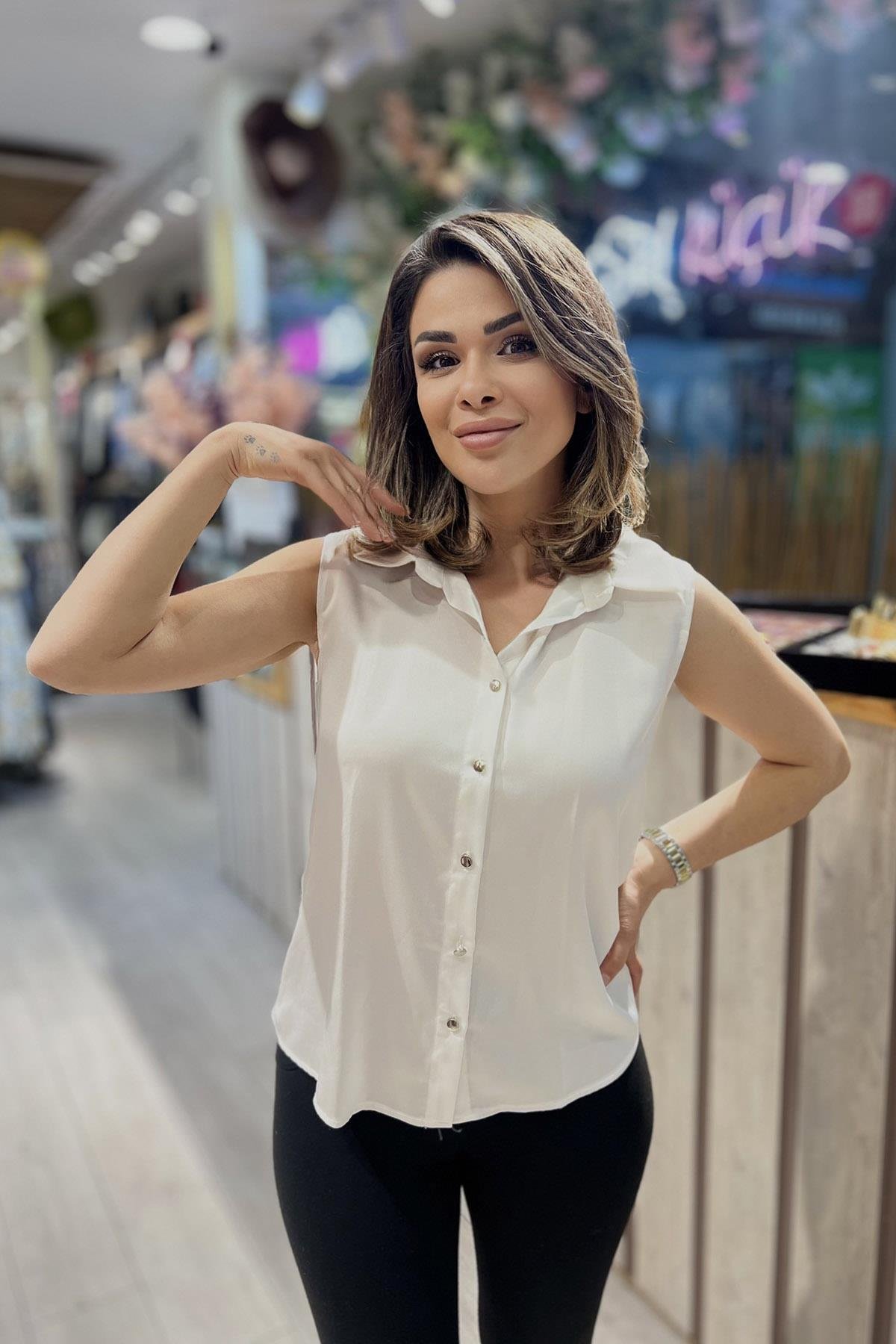 Eswomes Sırt Taşlı Şerit Detaylı Bluz Ekru