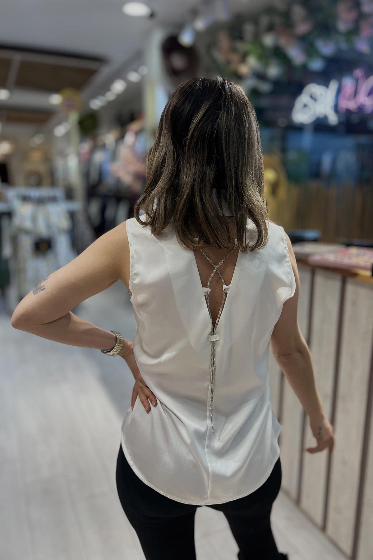 Eswomes Sırt Taşlı Şerit Detaylı Bluz Ekru
