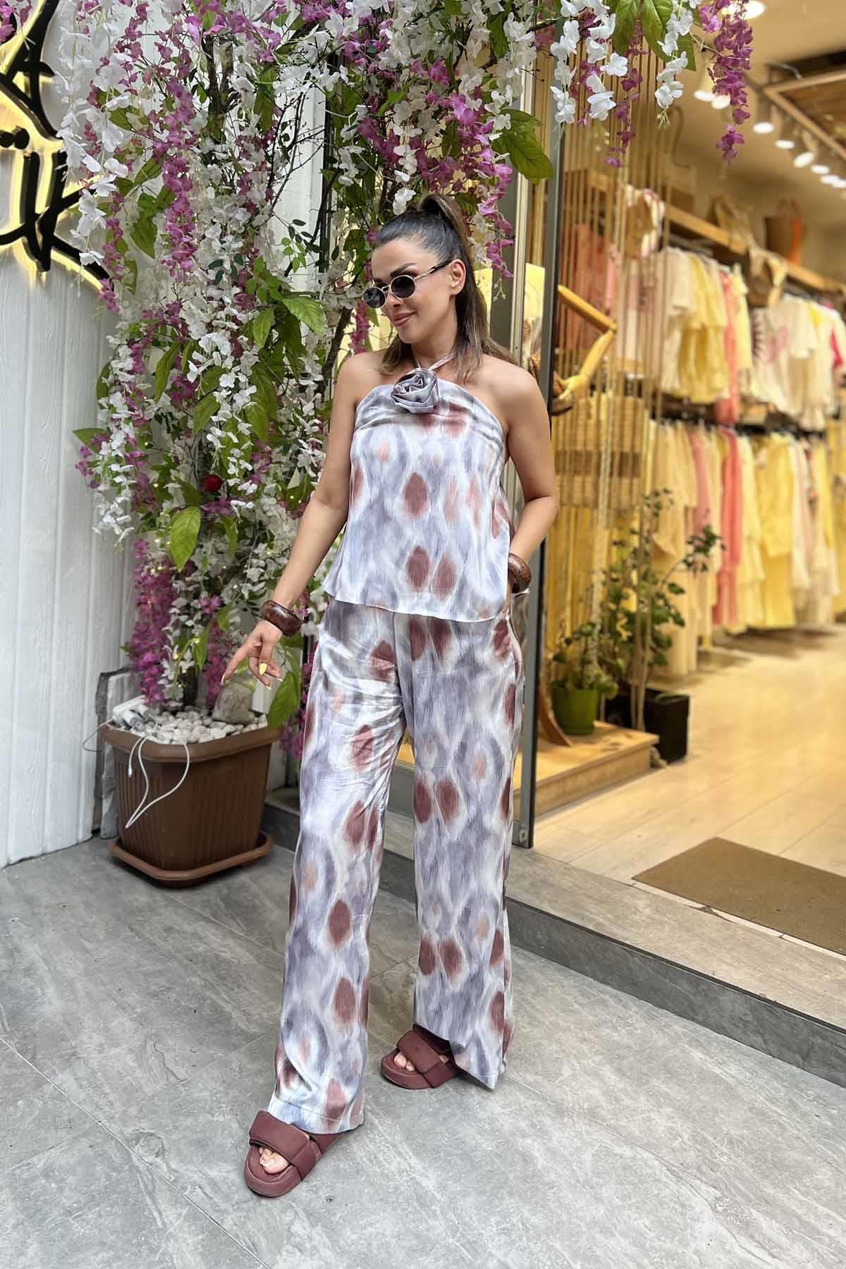 Eswomes Sırtı Açık Gül Bağlamalı Saten Takım Gri