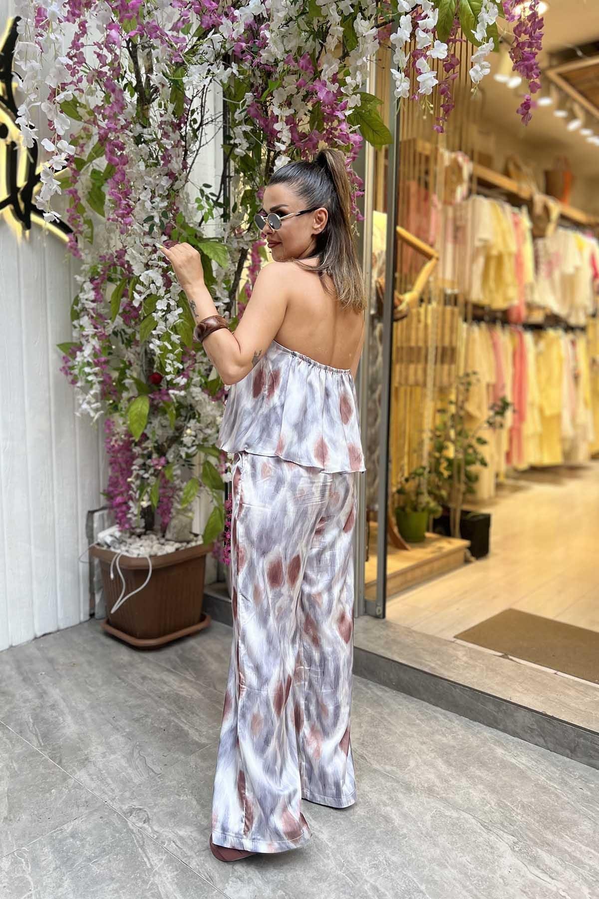 Eswomes Sırtı Açık Gül Bağlamalı Saten Takım Gri