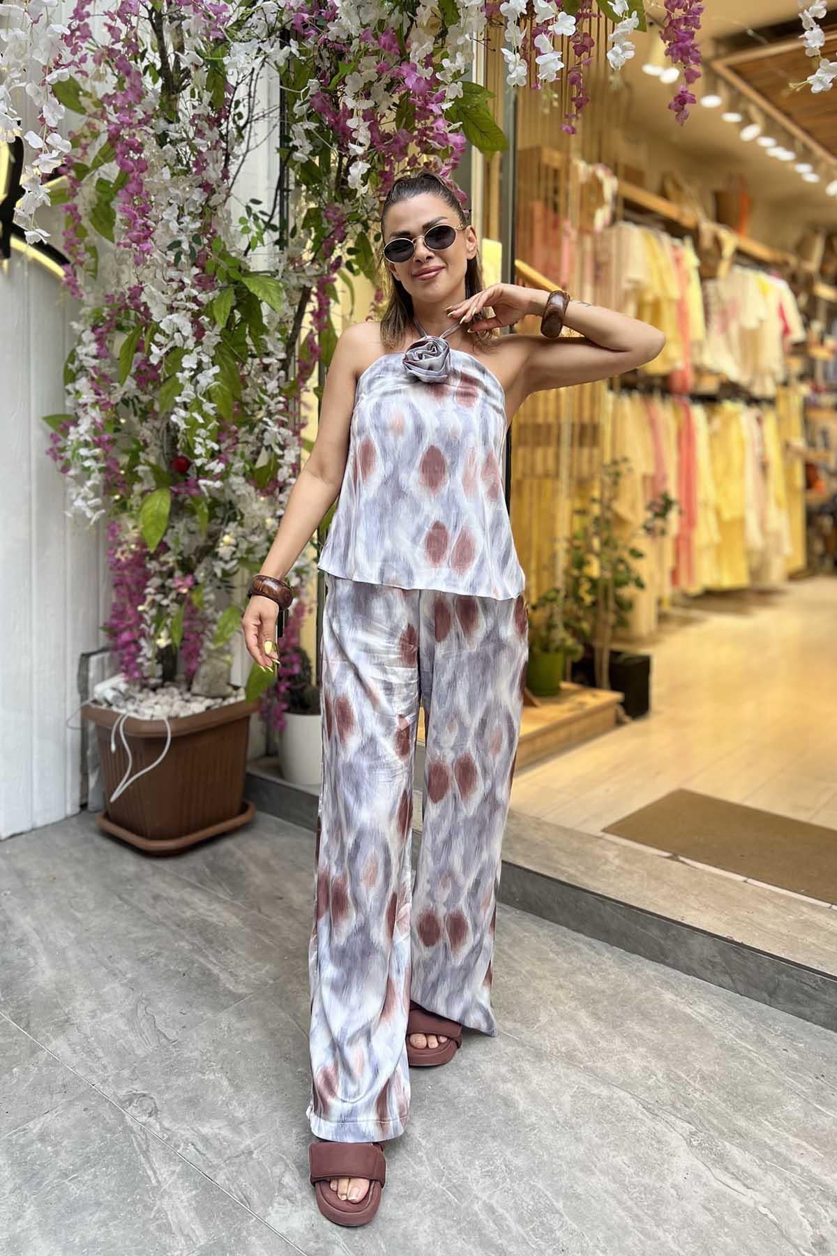 Eswomes Sırtı Açık Gül Bağlamalı Saten Takım Gri