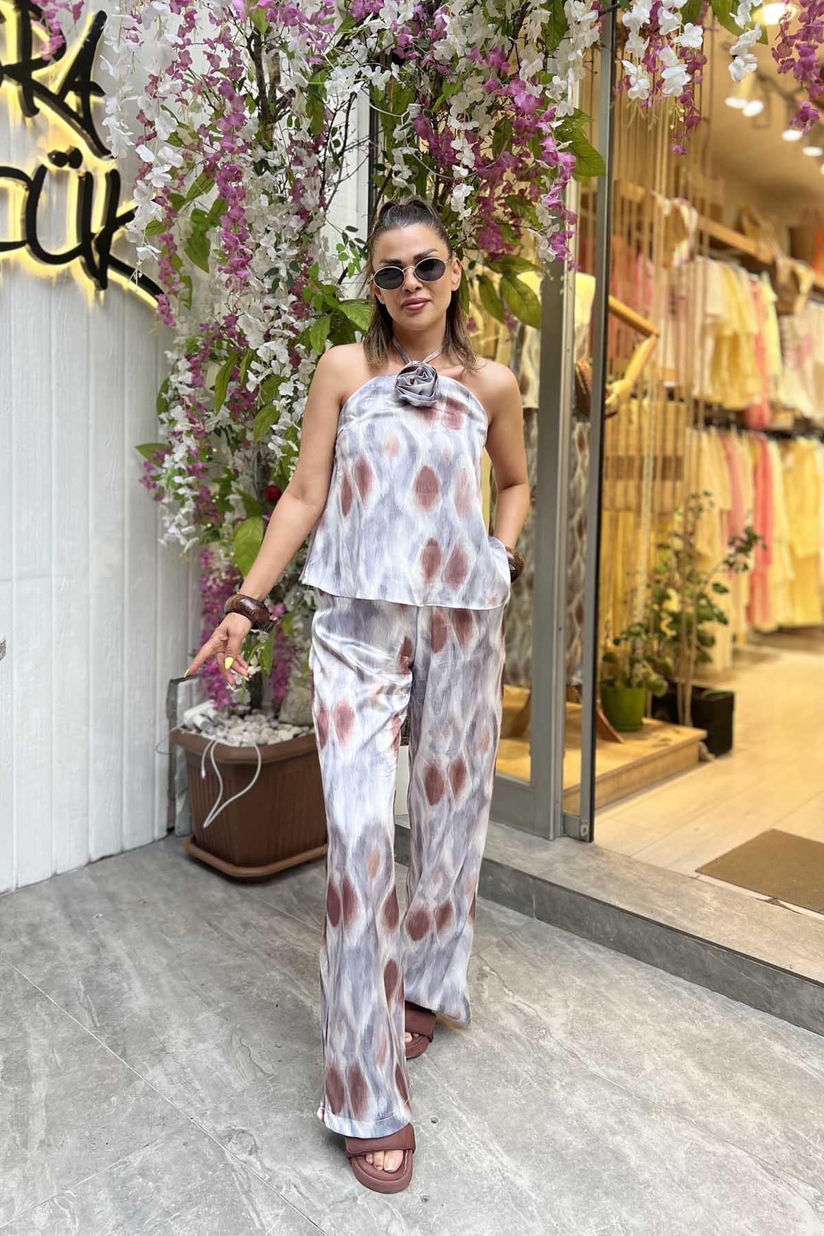 Eswomes Sırtı Açık Gül Bağlamalı Saten Takım Gri