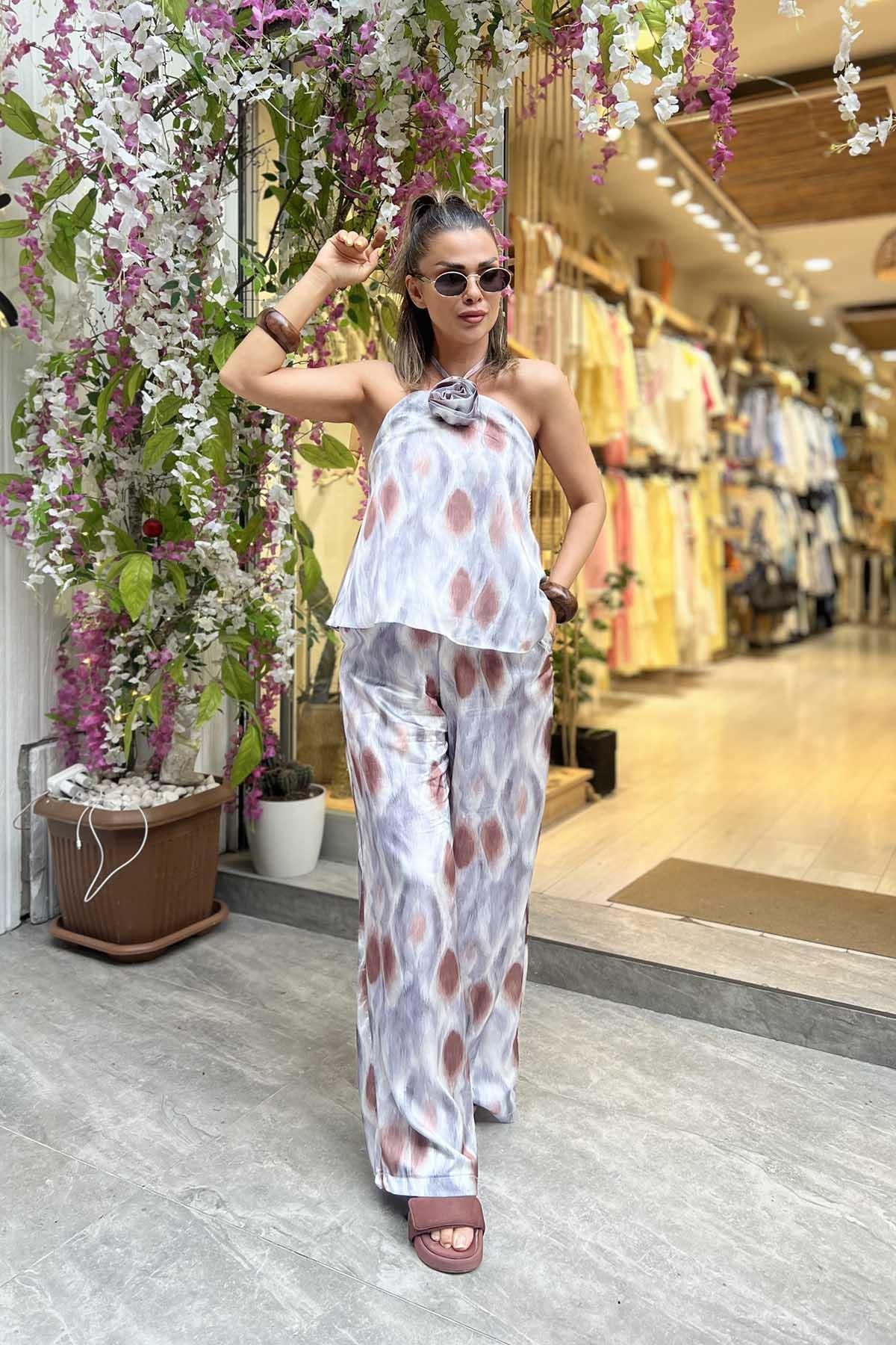 Eswomes Sırtı Açık Gül Bağlamalı Saten Takım Gri