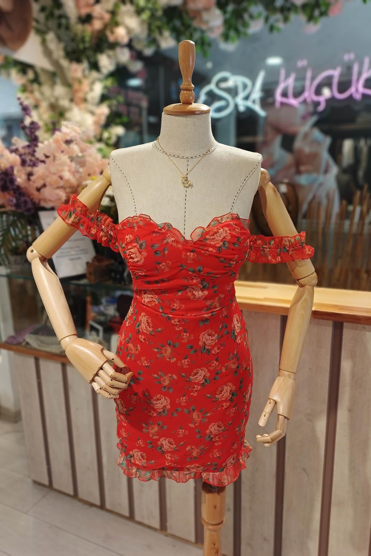 Eswomes Straplez Mini Kollu Mini Elbise Kırmızı