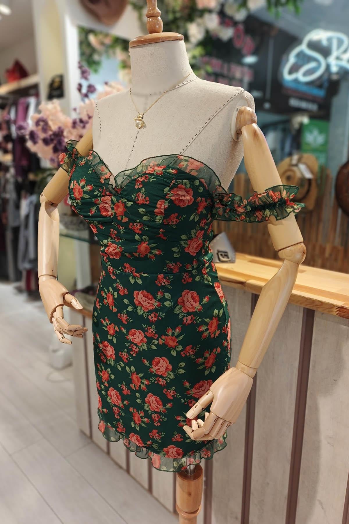 Eswomes Straplez Mini Kollu Mini Elbise ZÜMRÜT YEŞİL