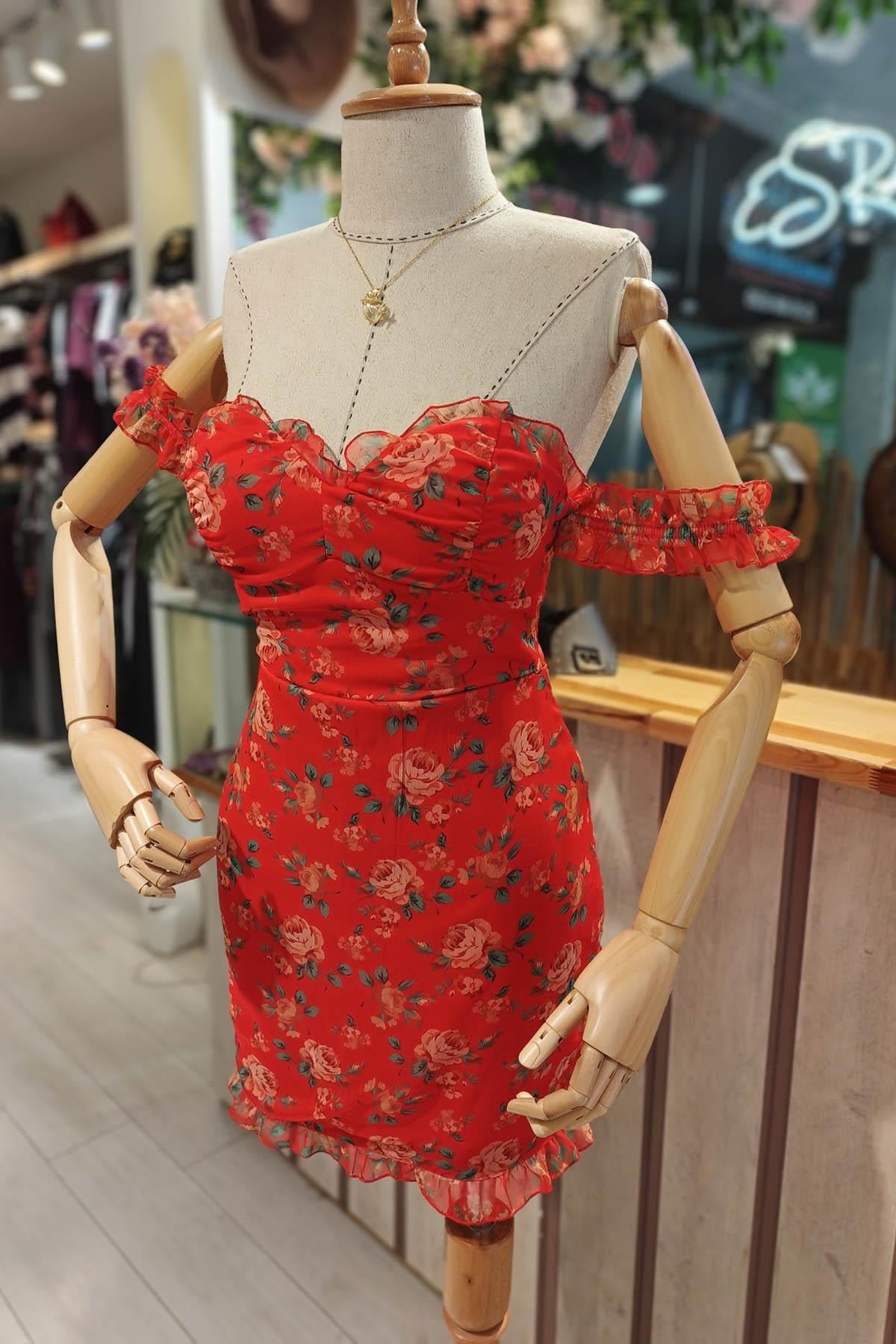 Eswomes Straplez Mini Kollu Mini Elbise Kırmızı
