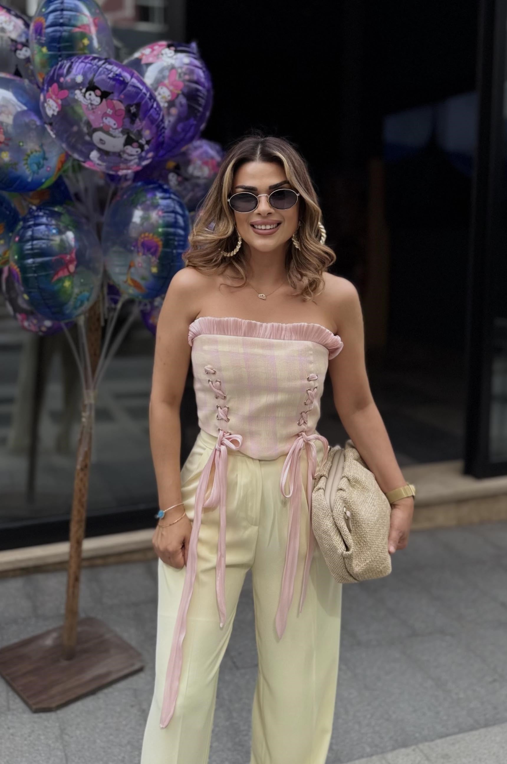 Eswomes Straplez Ön Bağcıklı Korseli Büstiyer Pembe