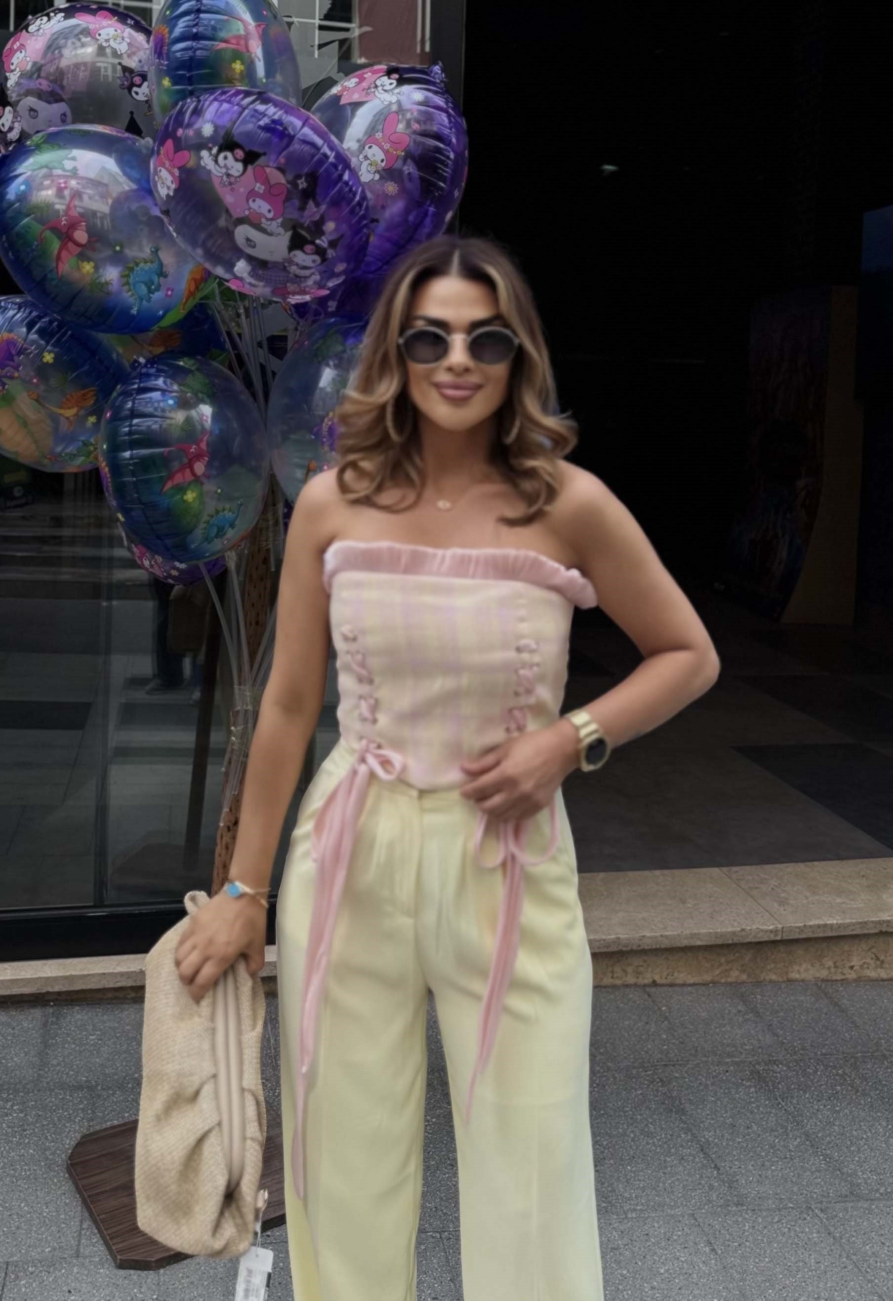 Eswomes Straplez Ön Bağcıklı Korseli Büstiyer Pembe