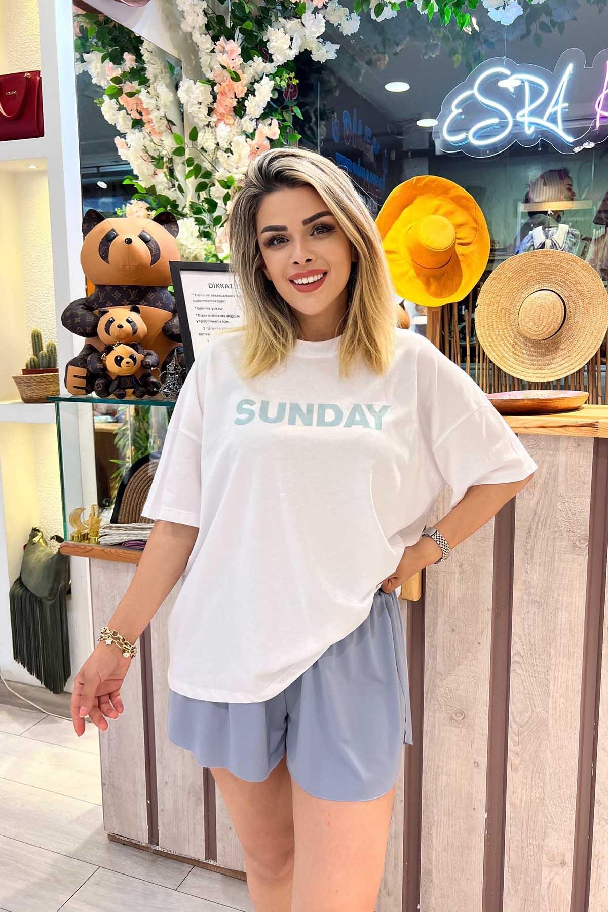 Eswomes Sunday Yazılı T-shırt Beyaz