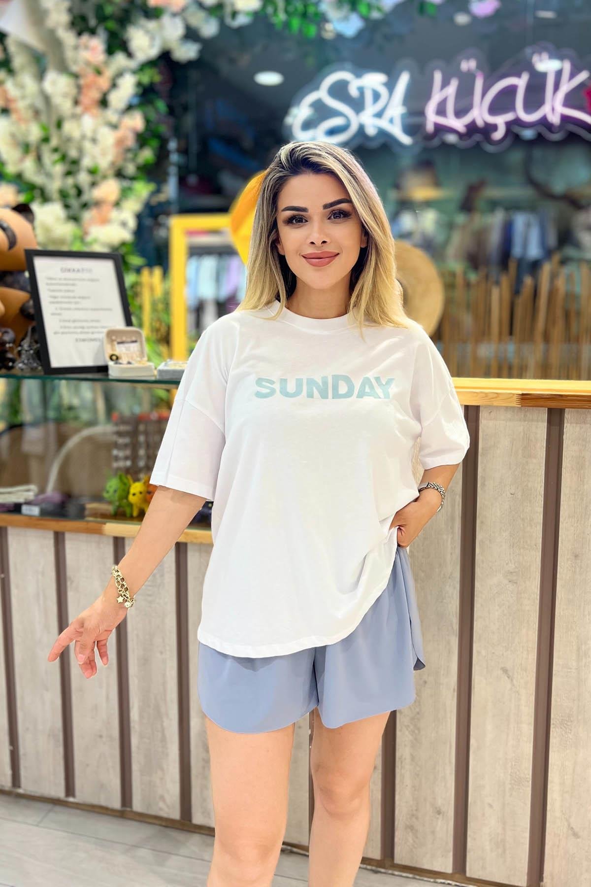 Eswomes Sunday Yazılı T-shırt Beyaz