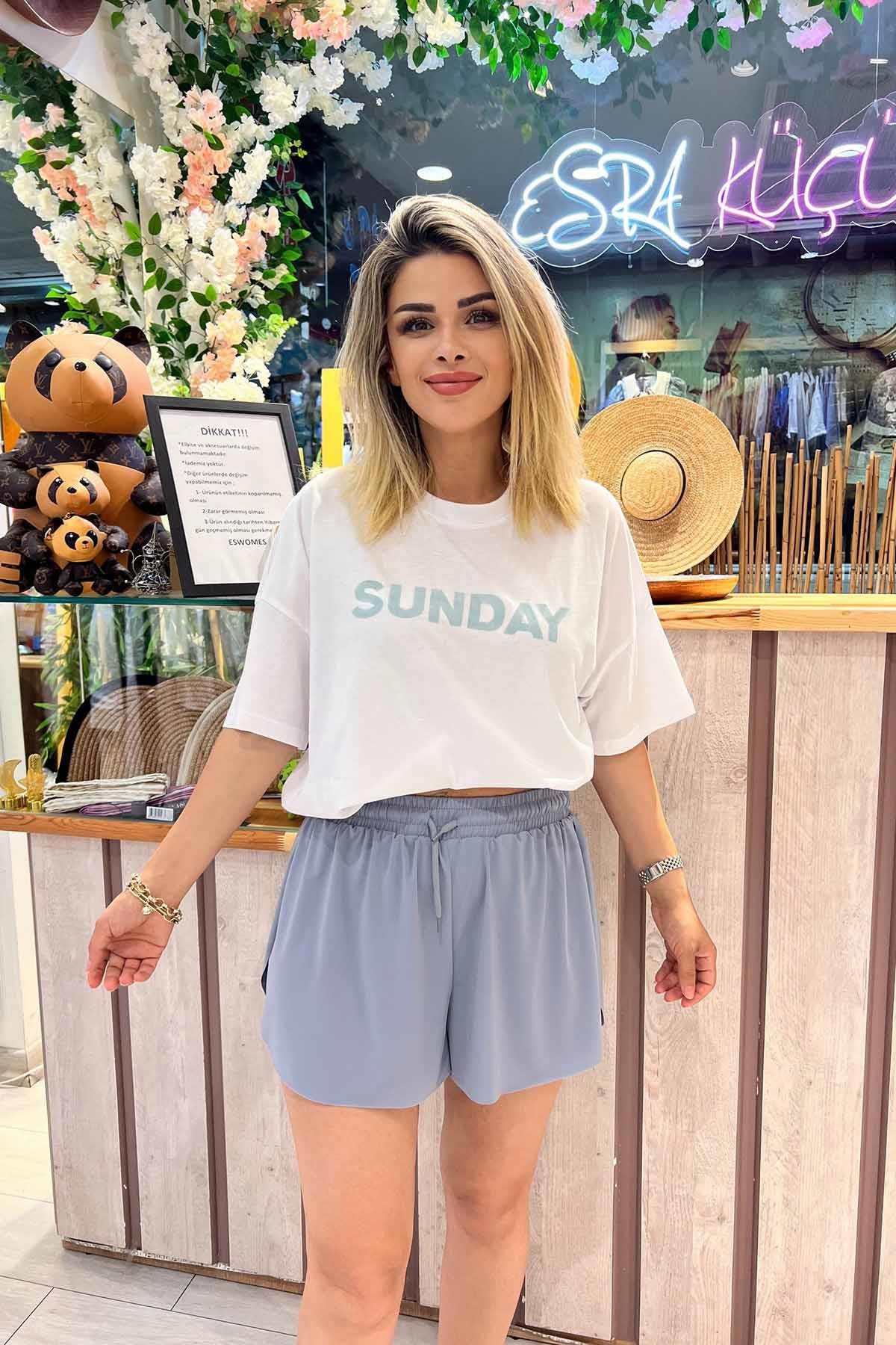 Eswomes Sunday Yazılı T-shırt Beyaz