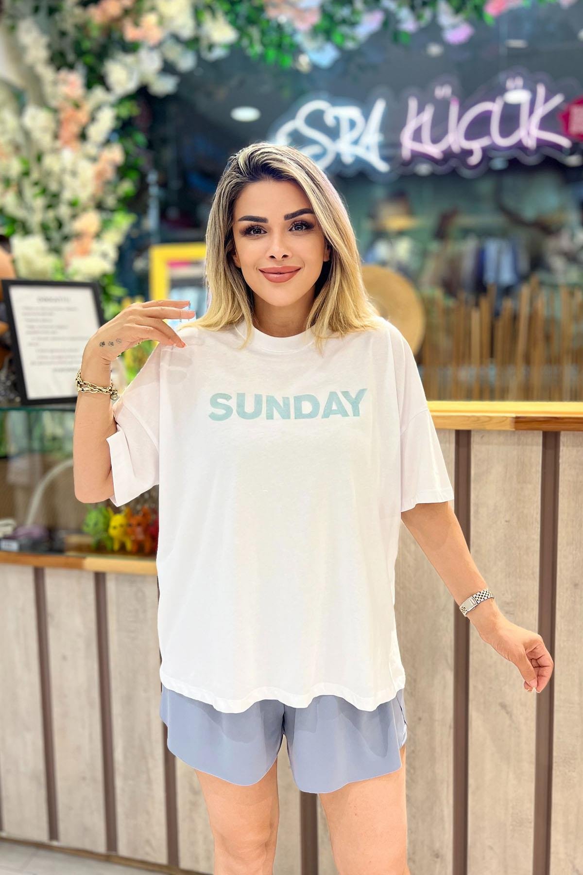 Eswomes Sunday Yazılı T-shırt Beyaz