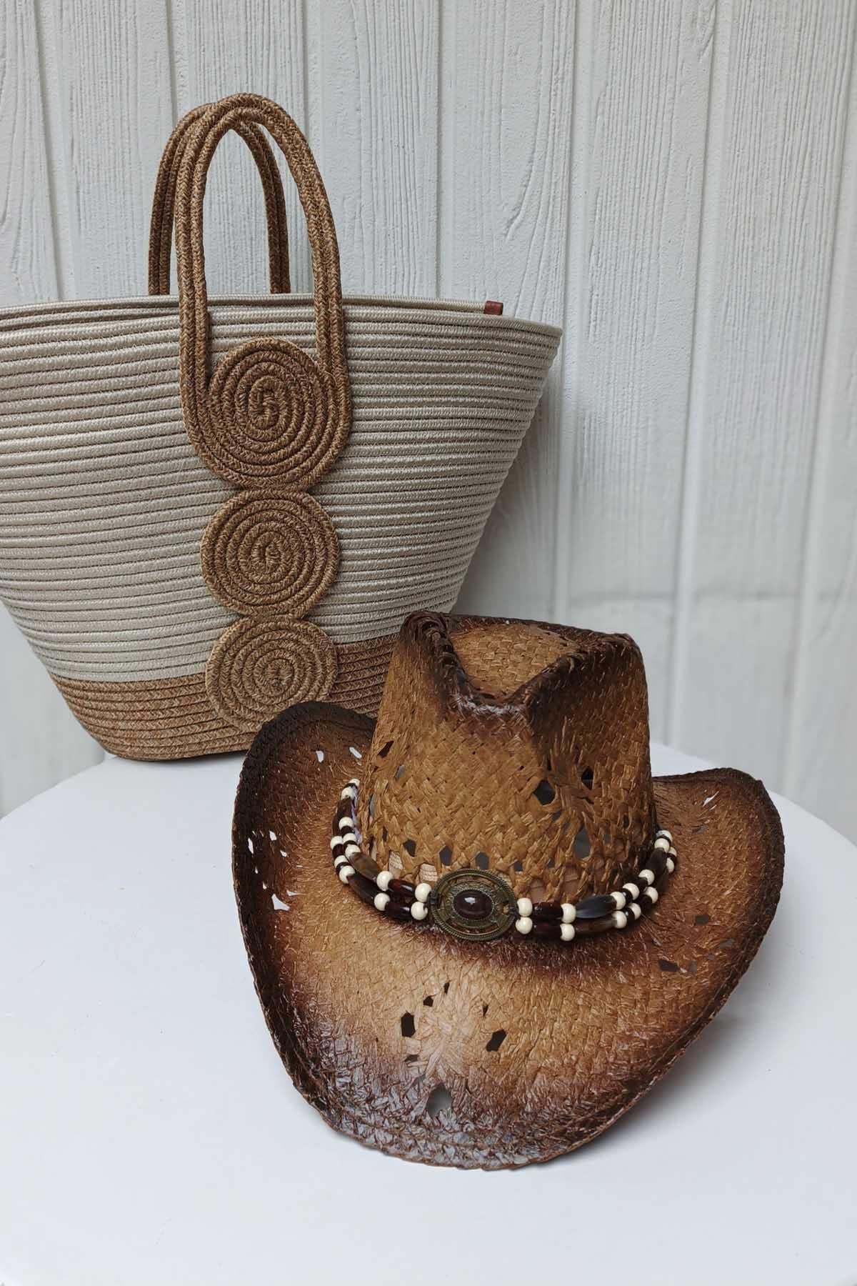 Eswomes Tahta Boncuk Detay Unisex Hasır Şapka Camel-A.Kahve