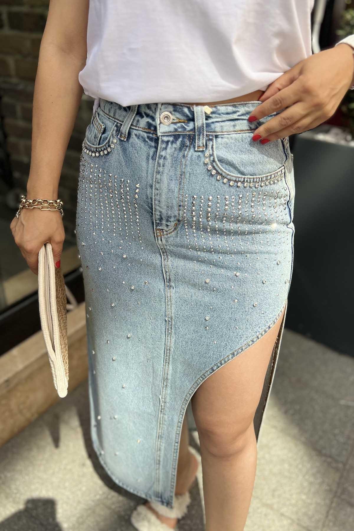 Eswomes Taşlı Asimetrik Kesim Kot Etek Mavi